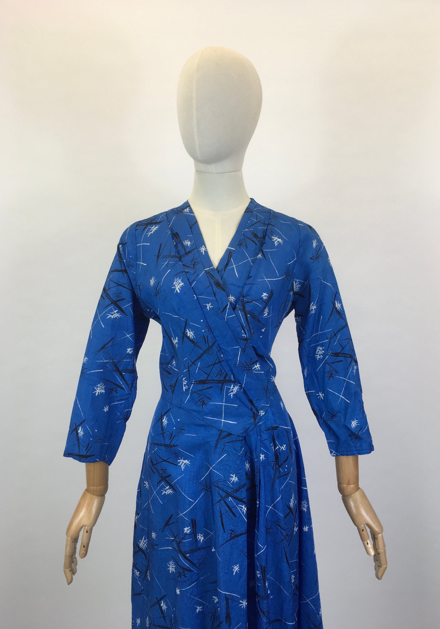 Original 1950’s Fabulous Blue Frock - In An Abstract Print Silk Sateen