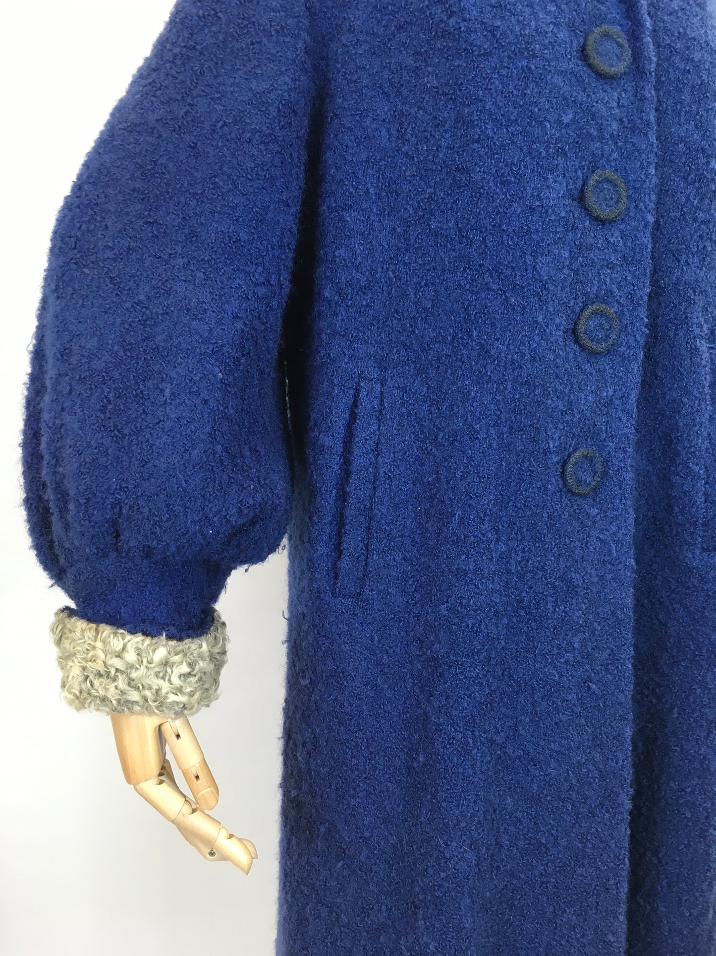 Original 1940’s Amazing Boucle Wool Coat with Astrakhan Trim - In a Royal Blue and Soft Grey