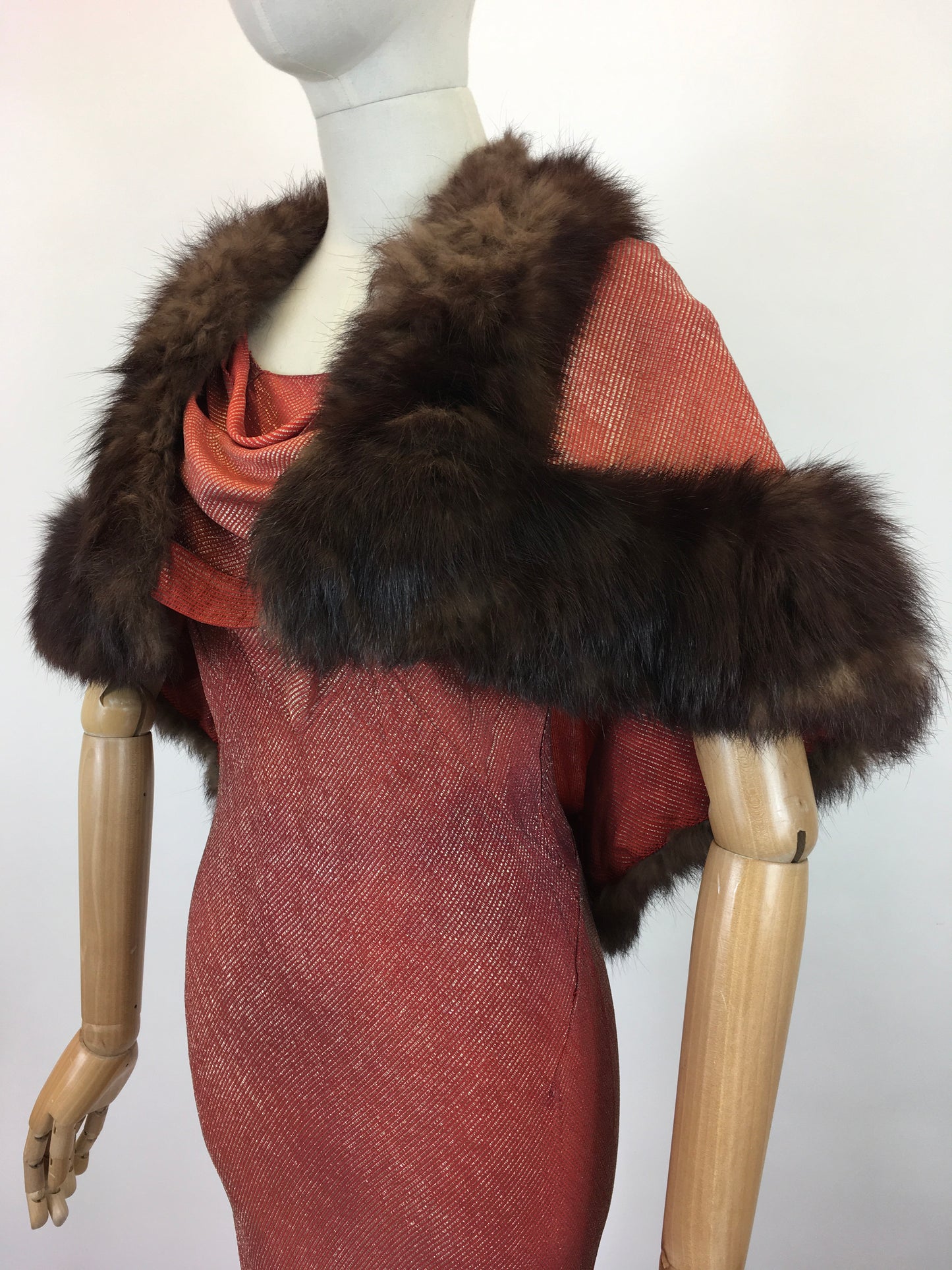 Original SENSATIONAL 1930's Evening Gown with Capelet - In Burnt Orange and Gold Lame with Rabbit Fur Trim