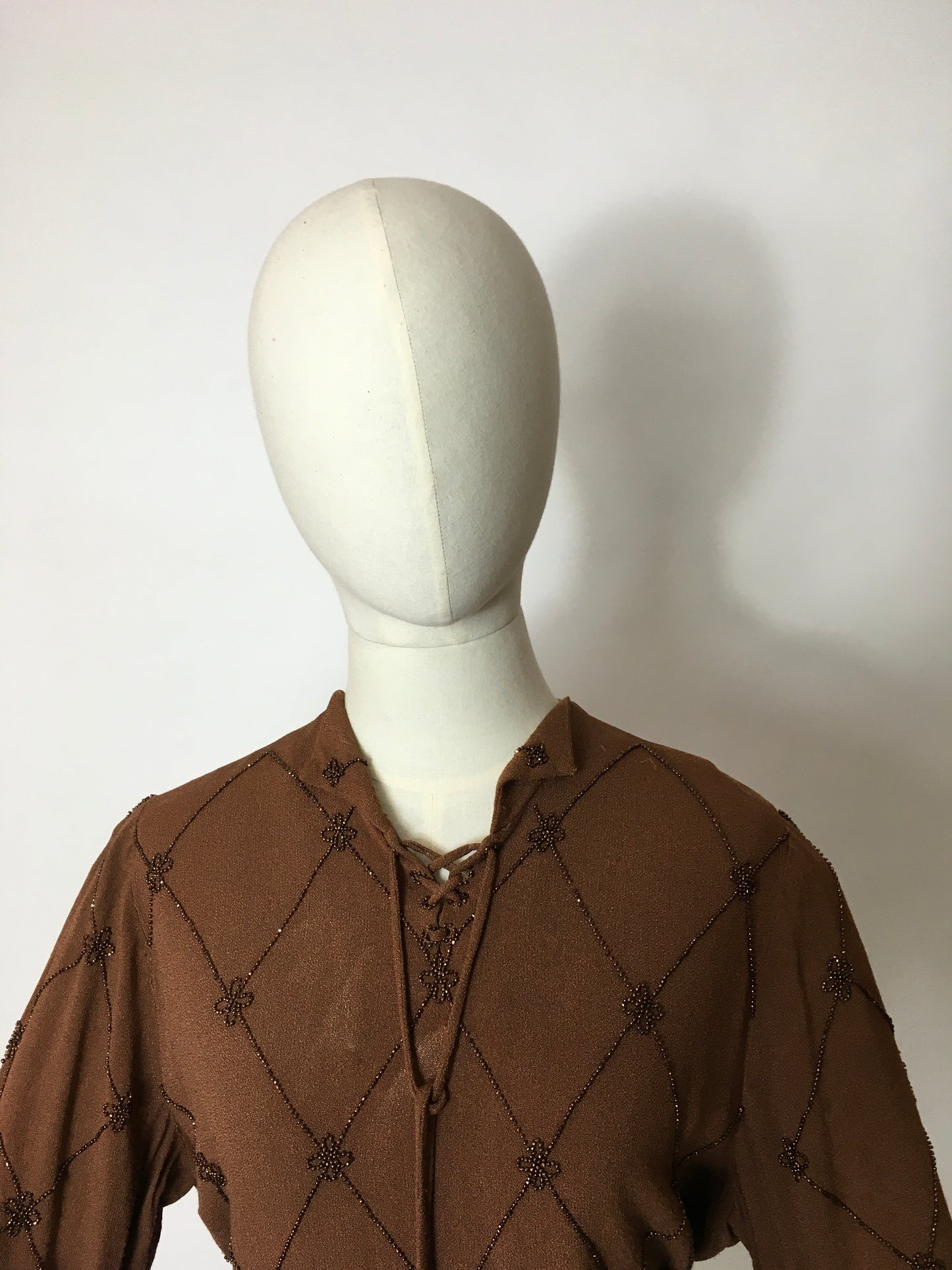 Original 1940’s Double Eleven Plate Label Tunic - Featuring Stunning Bronze Beaded Bodice Detailing on an Autumnal Brown Crepe
