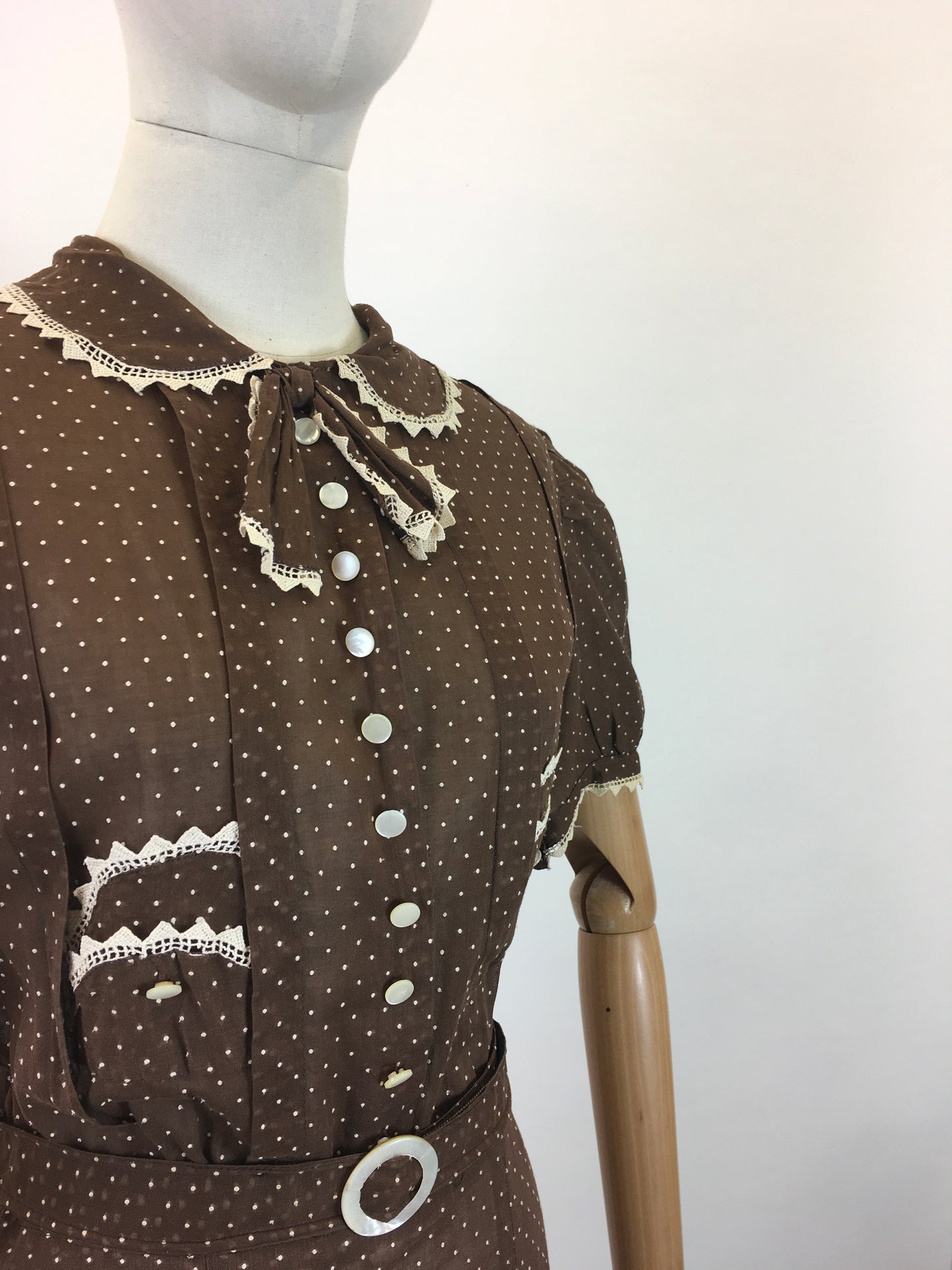 Original 1930's Darling Cotton Lawn Dress - In A Brown & White Polka Dot