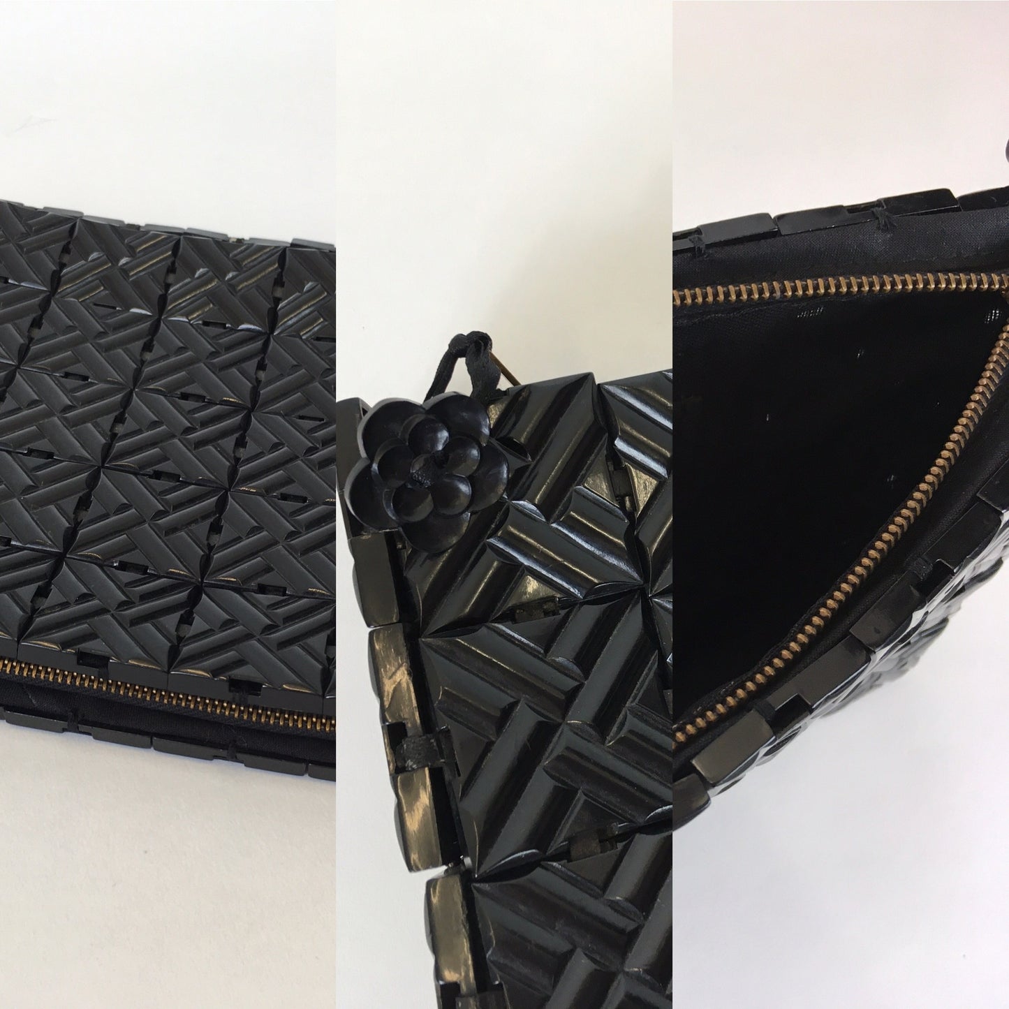 Original 1940’s Black Plastic Tiled Clutch Handbag - In An Almost Crosshatch Tilework