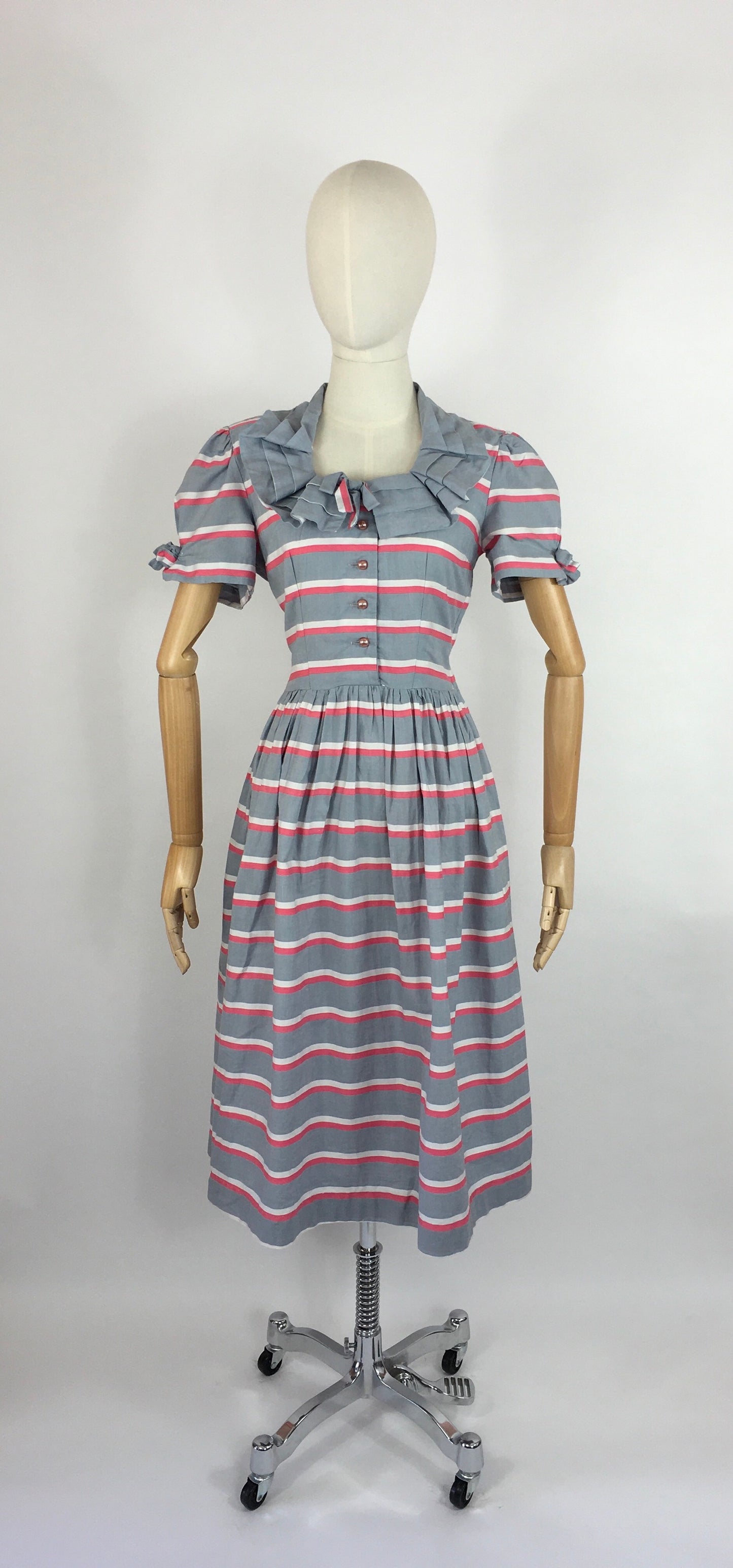 Original Early 1940s Cotton Day Dress - Lovely Stripe In Soft Greys, Bright Pinks and White