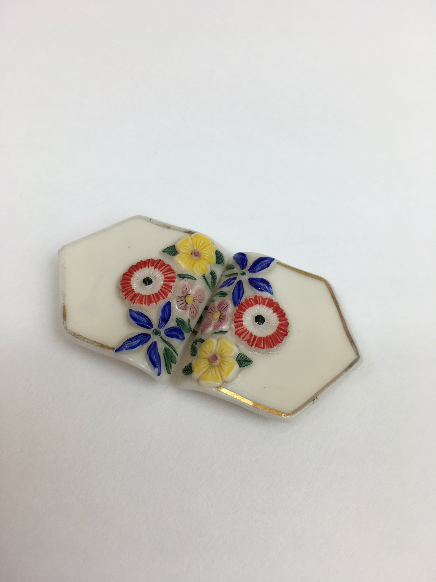 Original 1930’s Beautiful Milk Glass Buckle - With Florals in Brights and Faded Gilding