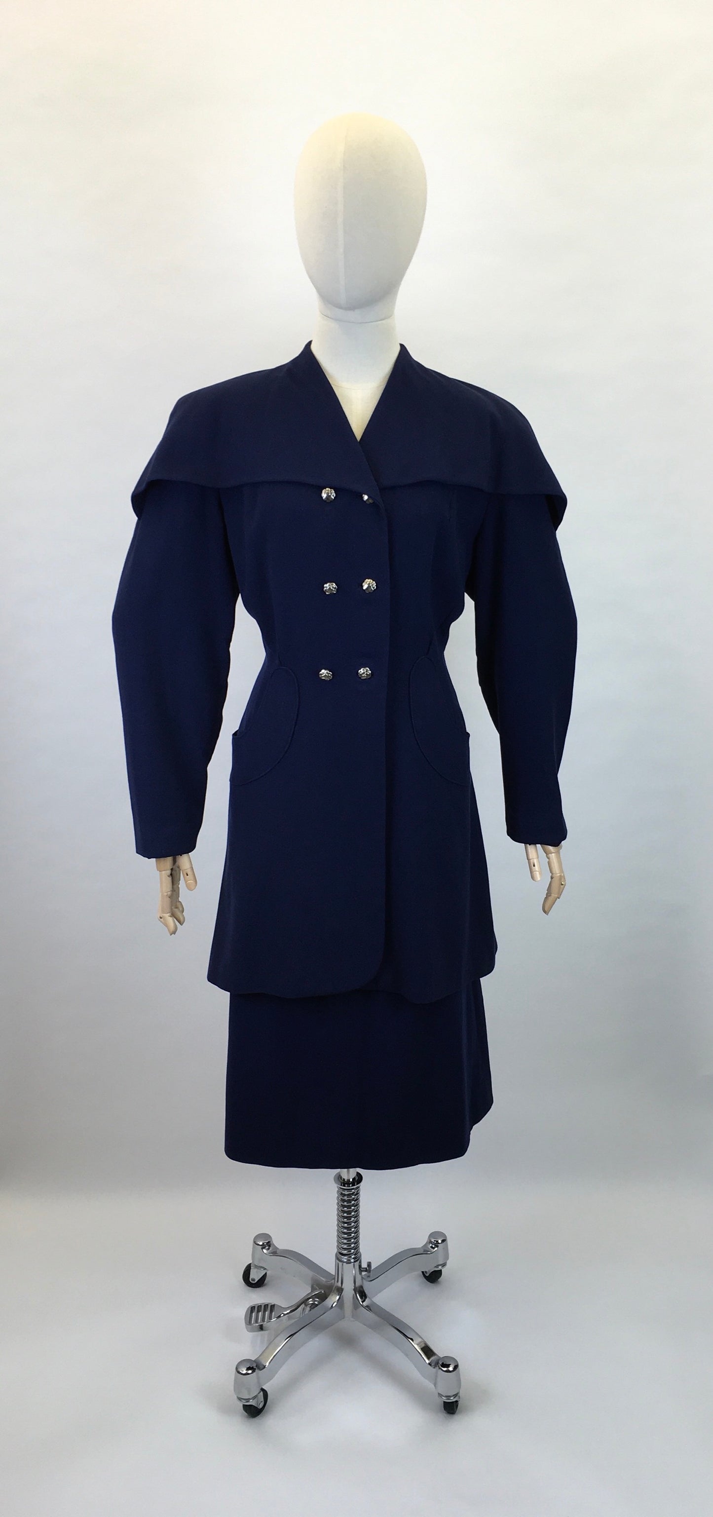 Original 1940s STUNNING Navy 2 pc Suit - With PHENOMENAL Long Line Silhouette and Cape Style Overlay