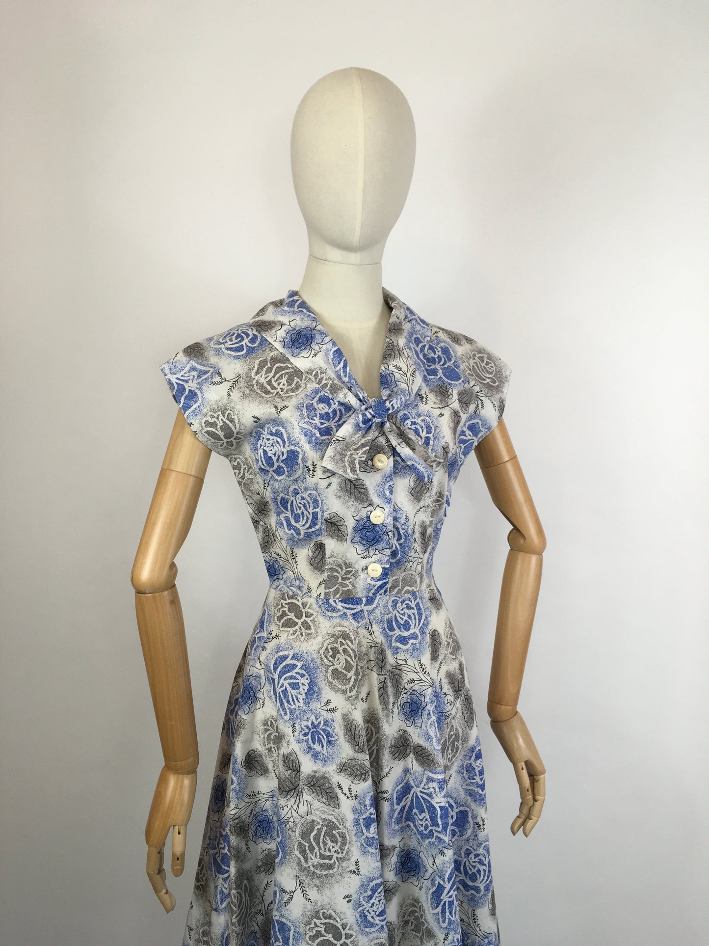 Original late 1940s Floral Dress - In A Crisp Cotton in Soft Greys, Charcoals and Blues