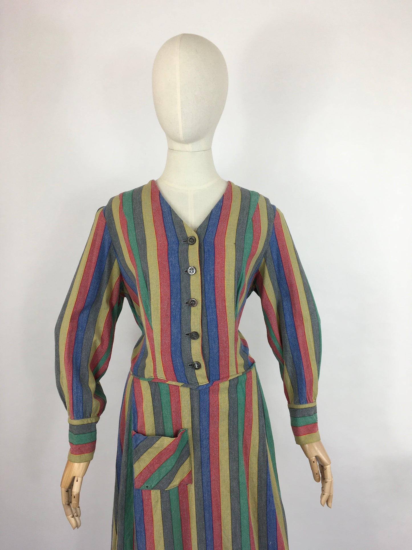 Original Late 1930s Day Dress - In a Fabulous Heavyweight Linen in a Rainbow Stripe with Contrast Chevron Pattern