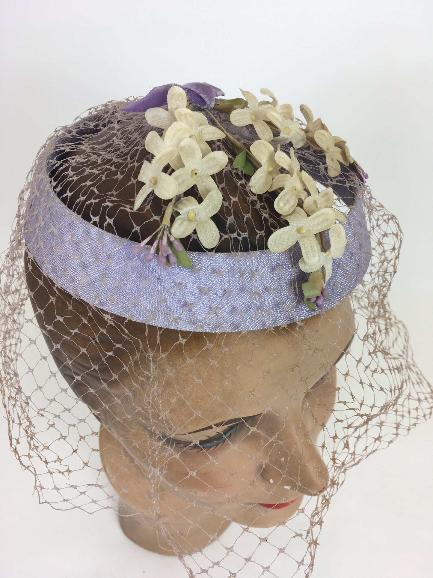 Original 1950’s Soft Lilac Headpiece - With Delicate Ivory Floral Millinery and Powdered Veiling