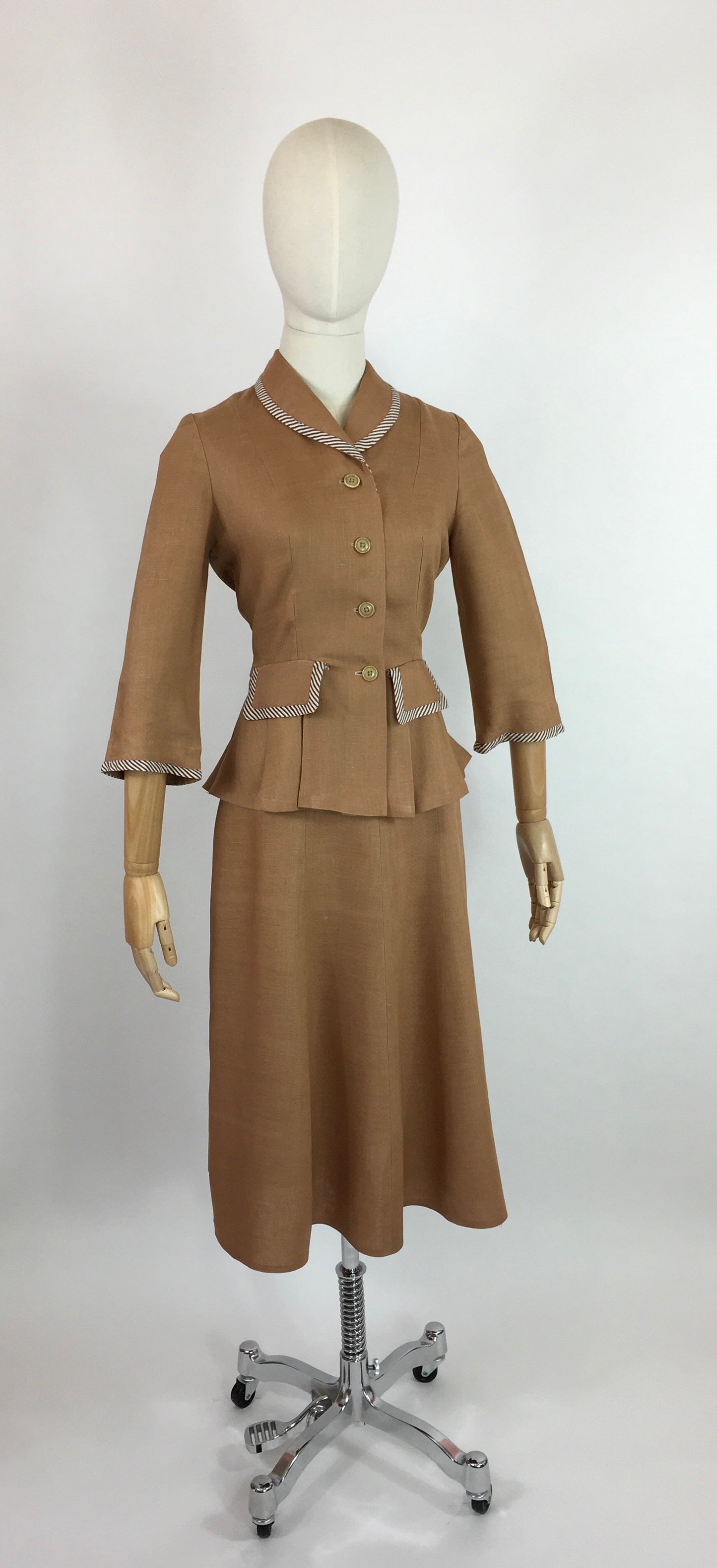 Original 1940’s 2 Piece Suit - In a Beautiful Soft Caramel Linen Colour With Contrast Stripe Detailing