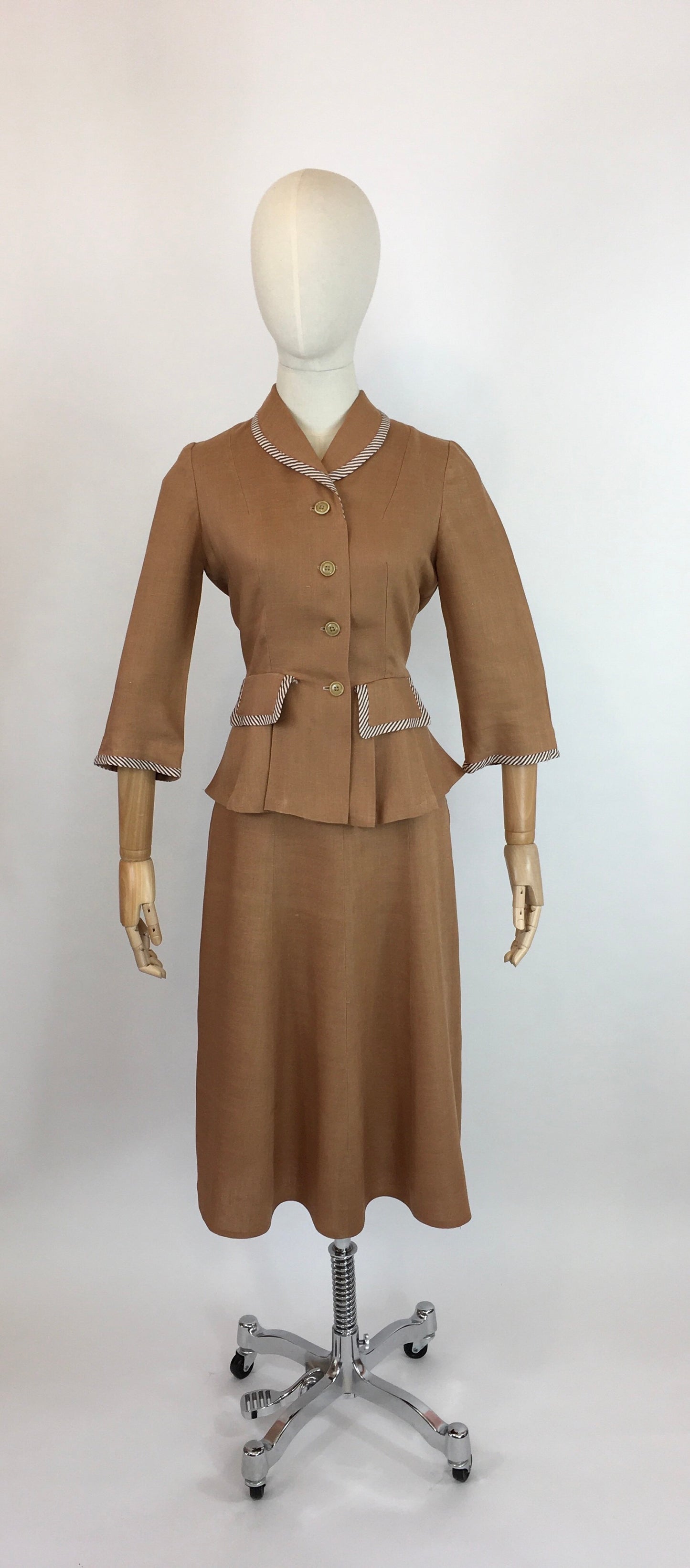 Original 1940’s 2 Piece Suit - In a Beautiful Soft Caramel Linen Colour With Contrast Stripe Detailing