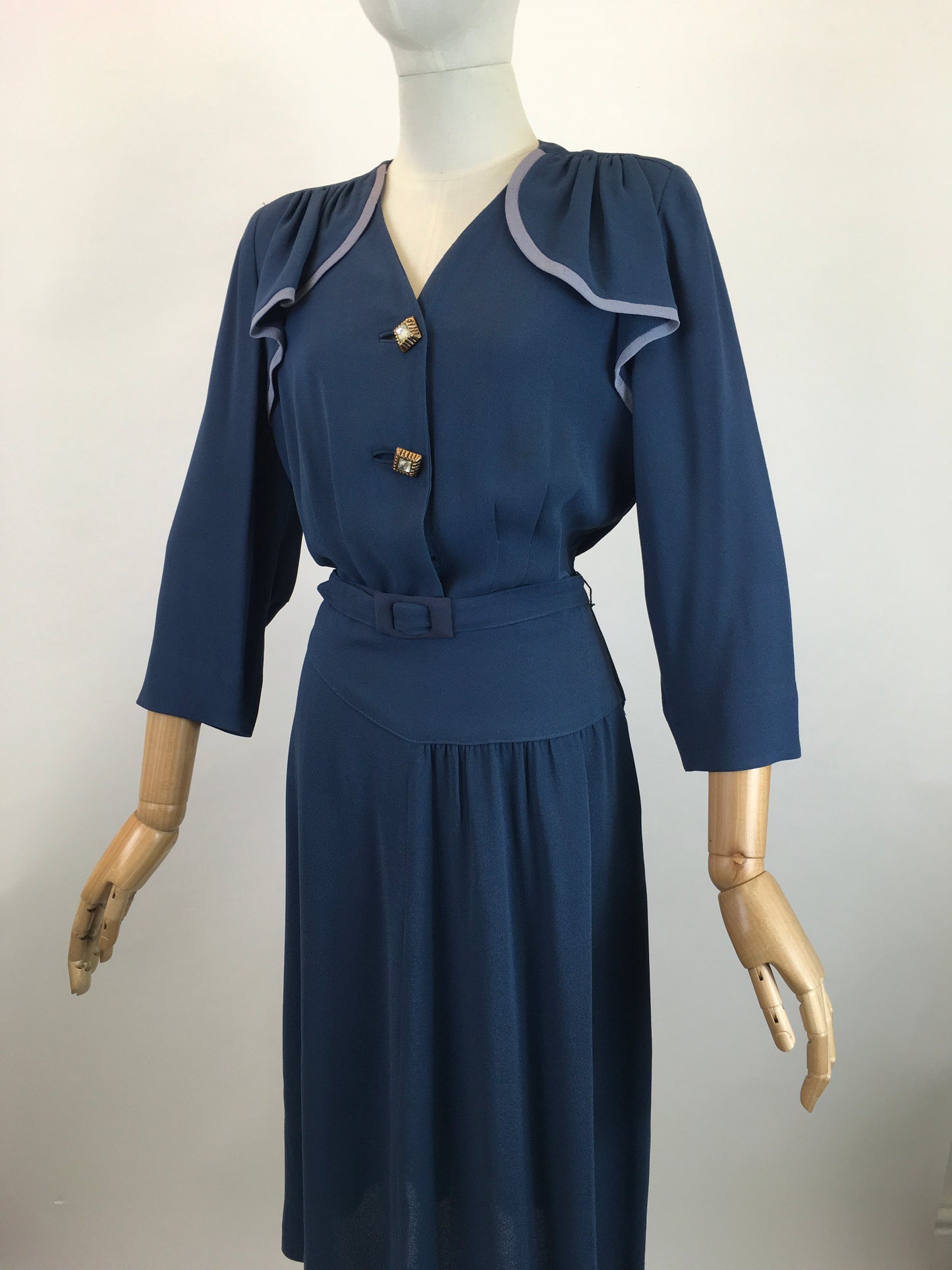 Original 1940's Sublime Two Tone Crepe Dress With Illusion Cape - In Contrast Airforce & Powder Blue