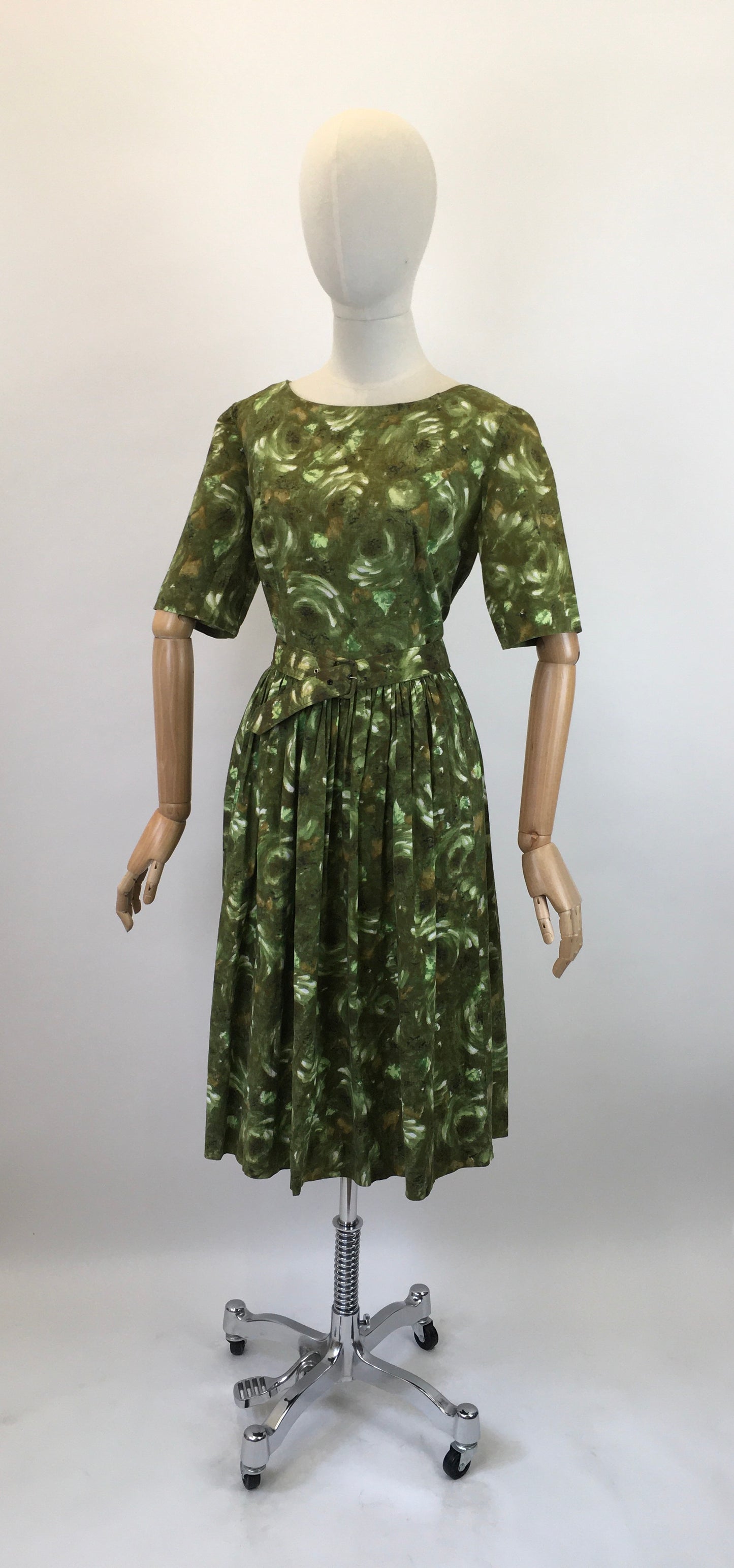 Original 1950's Darling Cotton Day Dress - In Fresh Greens & Chocolate Browns