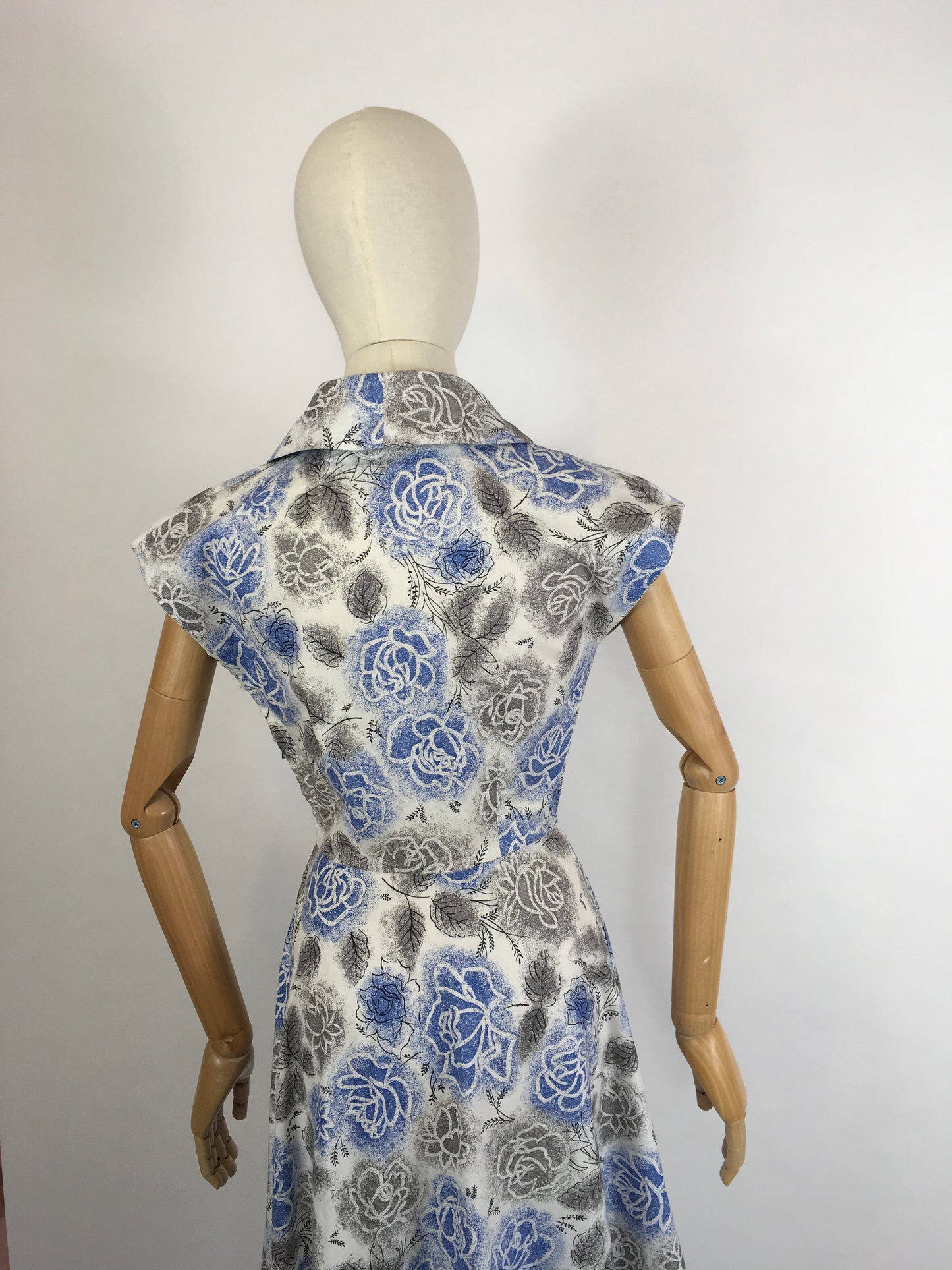 Original late 1940s Floral Dress - In A Crisp Cotton in Soft Greys, Charcoals and Blues