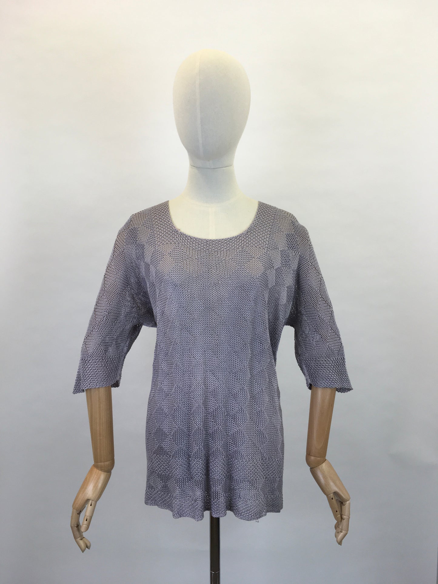 Original 1930s Knitted Tunic in Soft Lavender - Featuring Harlequin Pattern and Shapes Hemline