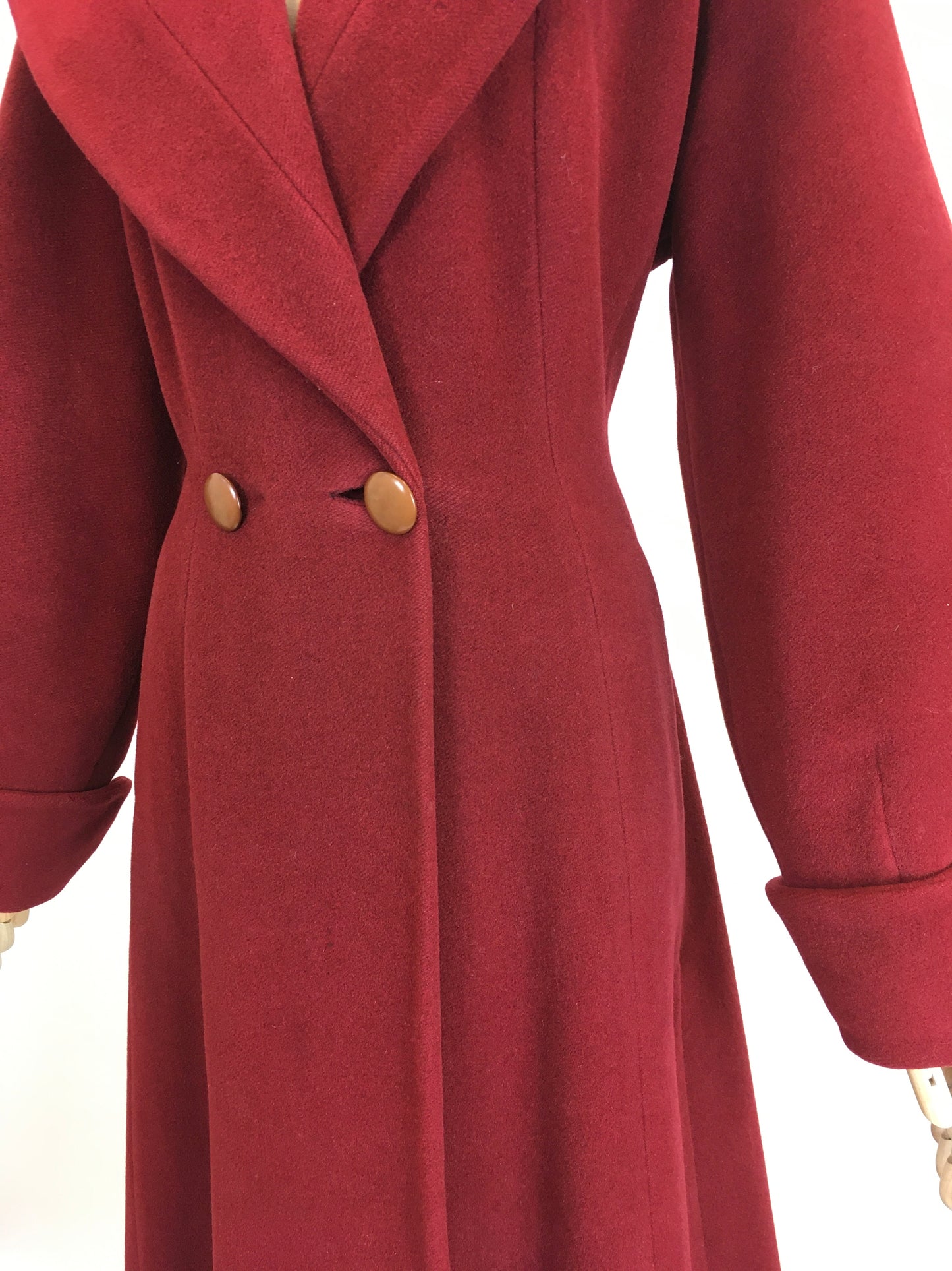 Original 1940’s SENSATIONAL Russet Red Princess Coat - Lovely Shaped Shawl Collar and Cuffs