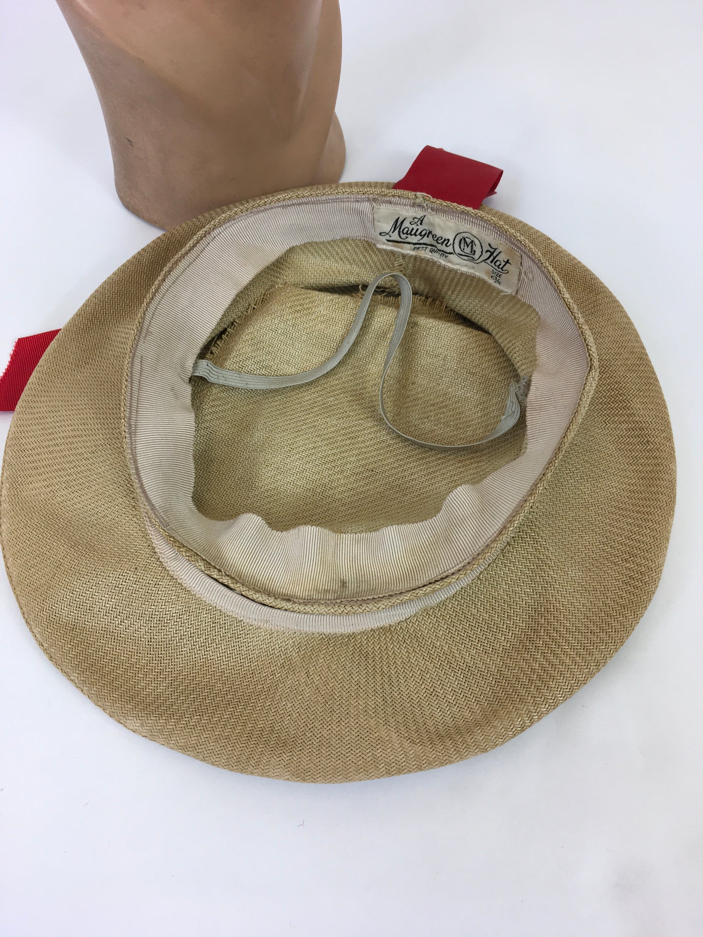 Original 1930's Stunning Natural Straw Cloth Hat - With Zesty Orange Grosgrain Trim