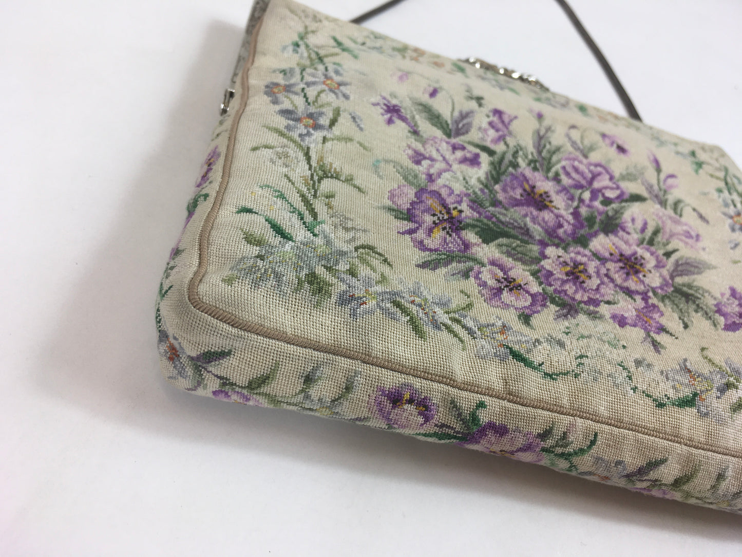 Original 1950’s Floral Tapestry Handbag - By ‘ Harrods’ in Violets, Lilacs and Greens