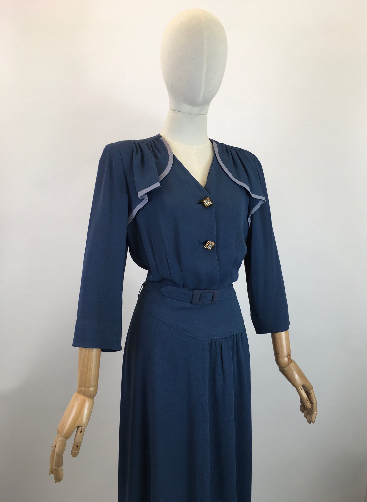 Original 1940's Sublime Two Tone Crepe Dress With Illusion Cape - In Contrast Airforce & Powder Blue