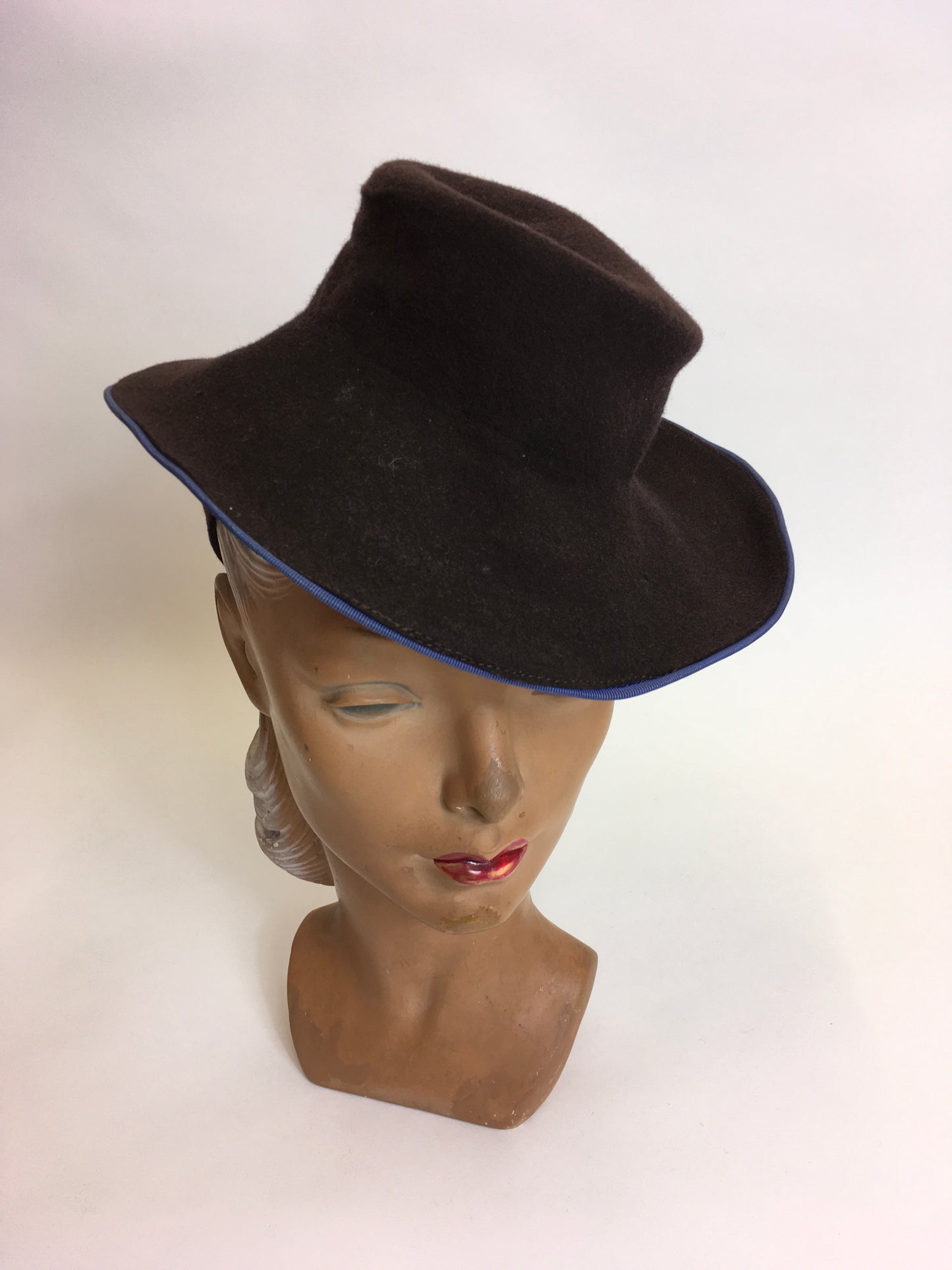 Original 1940’s Brown Felt Topper Hat - Adorned With A Powder Blue Bow