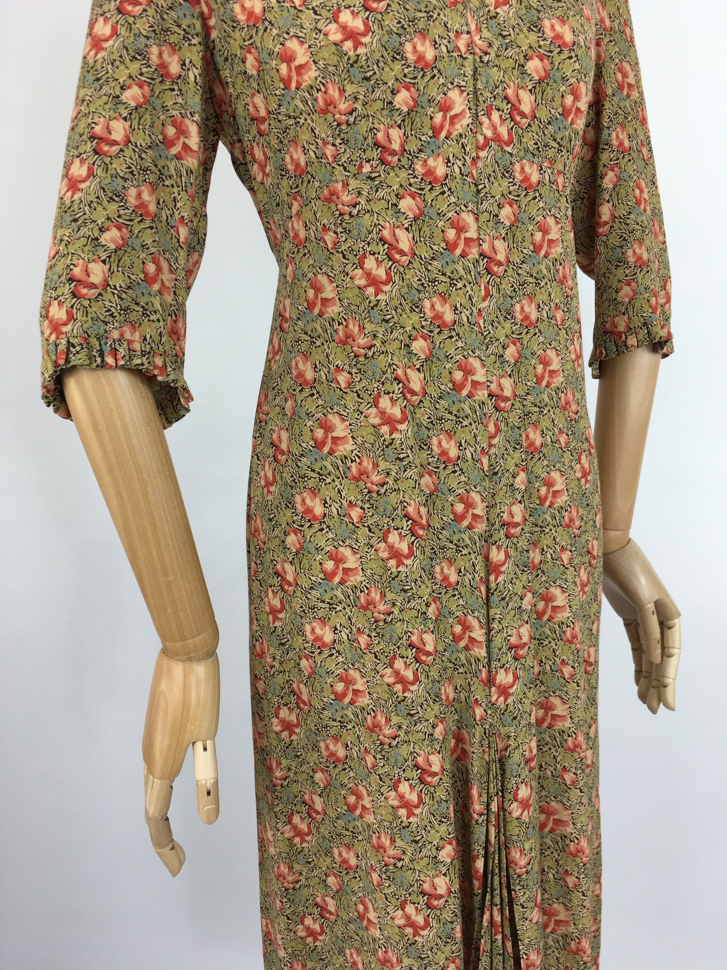 Original 1930s Exquisite Dress - In a Breathtaking Colour Palette Of Warm Rose Pinks and Reds, Tonal Greens and Powder Blues on a Floral Crepe