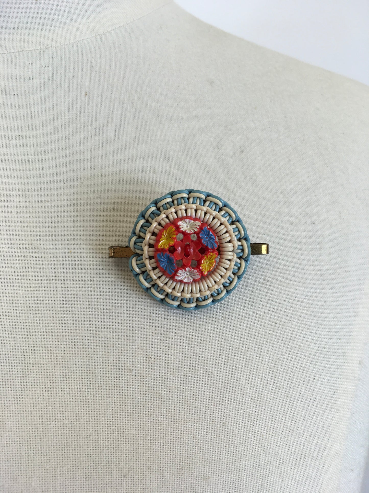 Original 1940’s Make Do and Mend Telephone Cord Brooch - In A Soft Blue & Cream with Red Floral Button