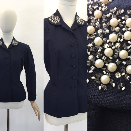 Original 1940’s NRA LABEL Navy Fitted Jacket - With Pearl & Beadwork Embelishment