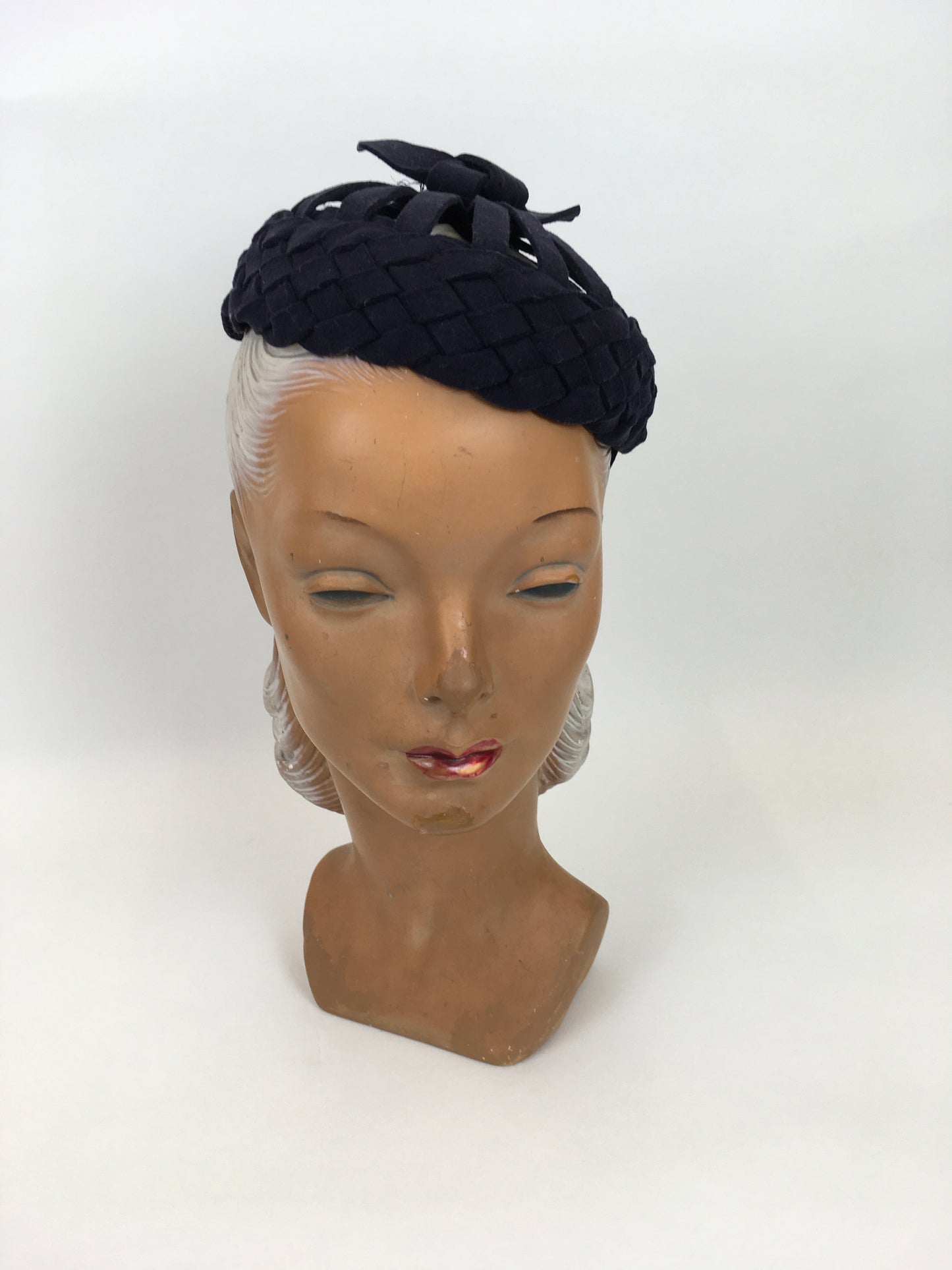 Original 1940s Navy Felt Topper Hat - Featuring Lattice and Weave Felt Work with Bow
