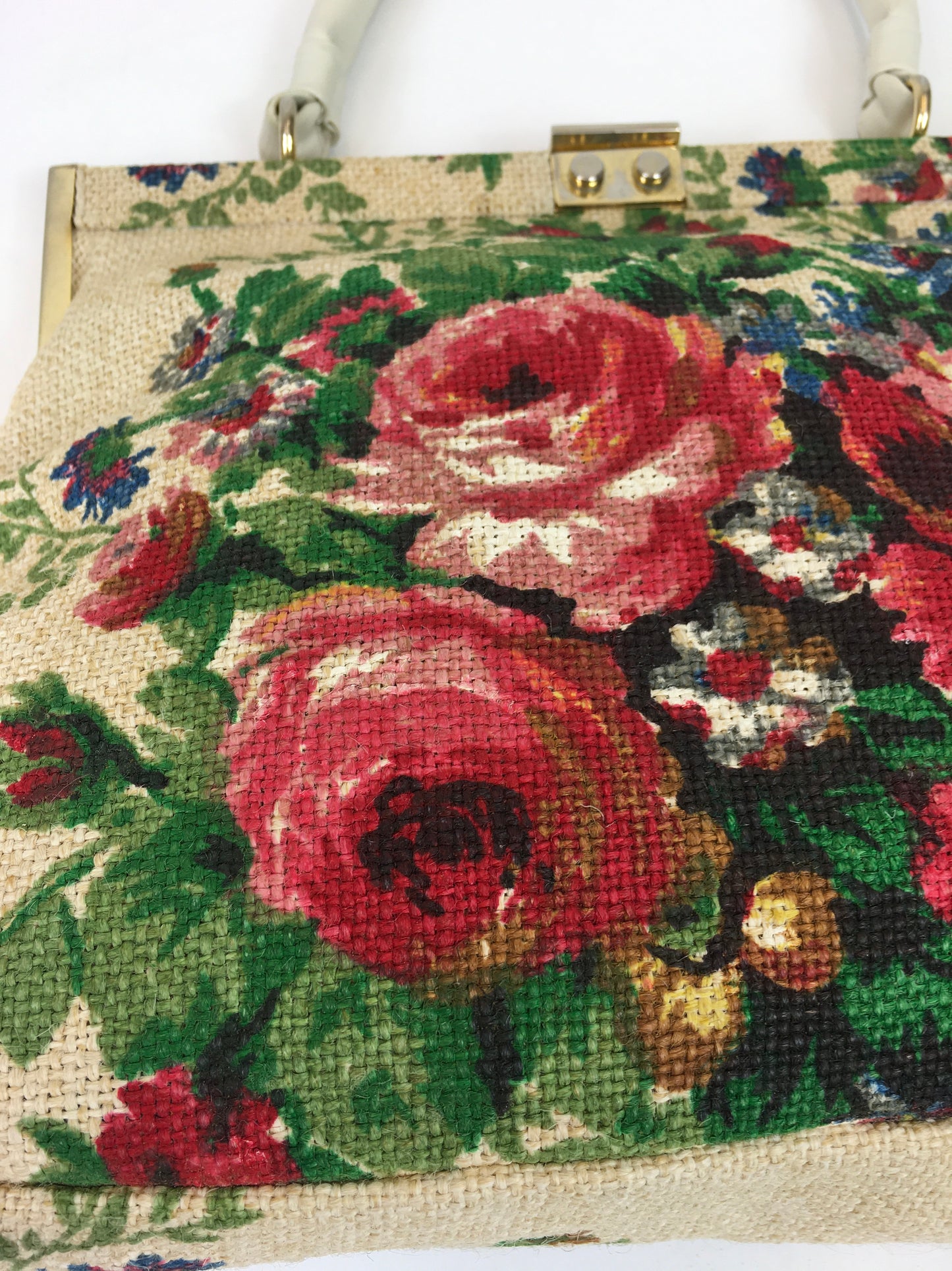 Original 1950’s Fabulous Floral Handbag - With Gold Metalwork Frame and Cream Handle