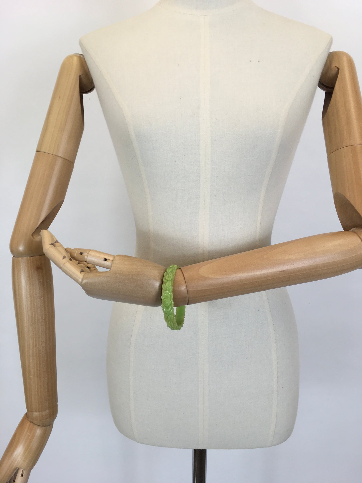 Original 1930’s Carved Floral Celluloid Bangle - In Deco Green