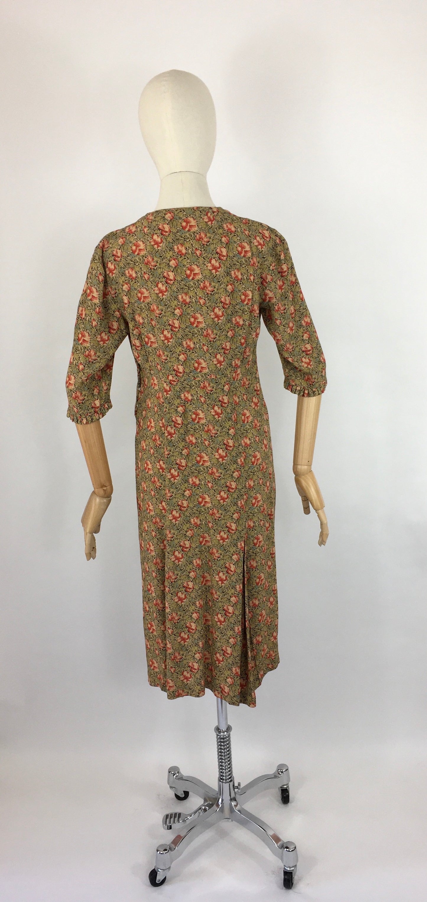 Original 1930s Exquisite Dress - In a Breathtaking Colour Palette Of Warm Rose Pinks and Reds, Tonal Greens and Powder Blues on a Floral Crepe