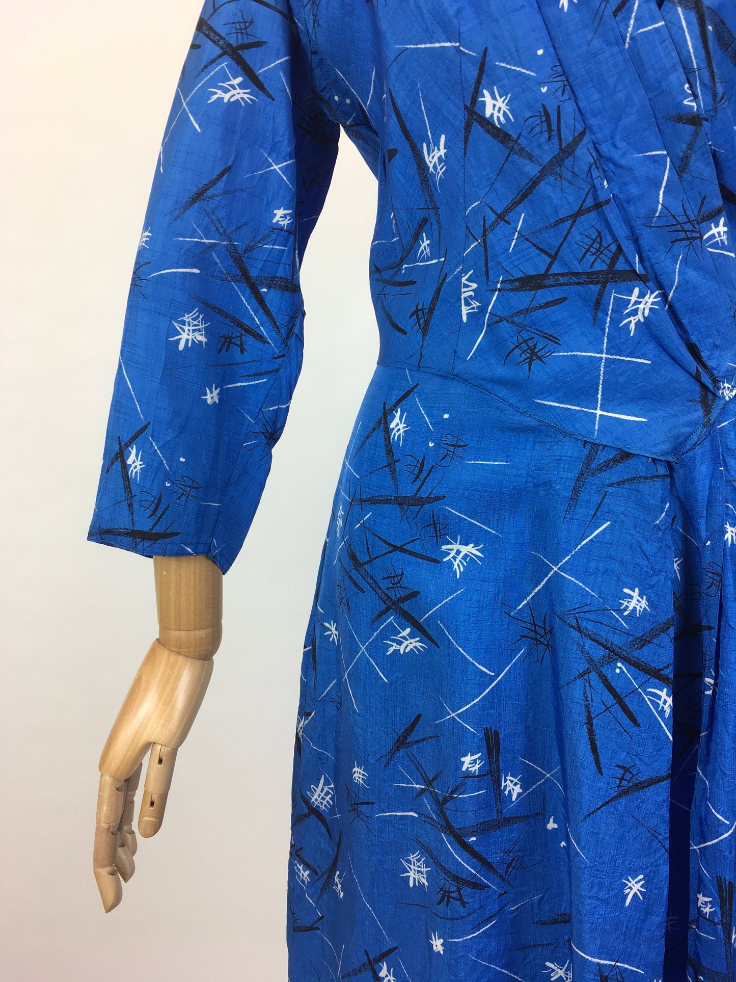 Original 1950’s Fabulous Blue Frock - In An Abstract Print Silk Sateen