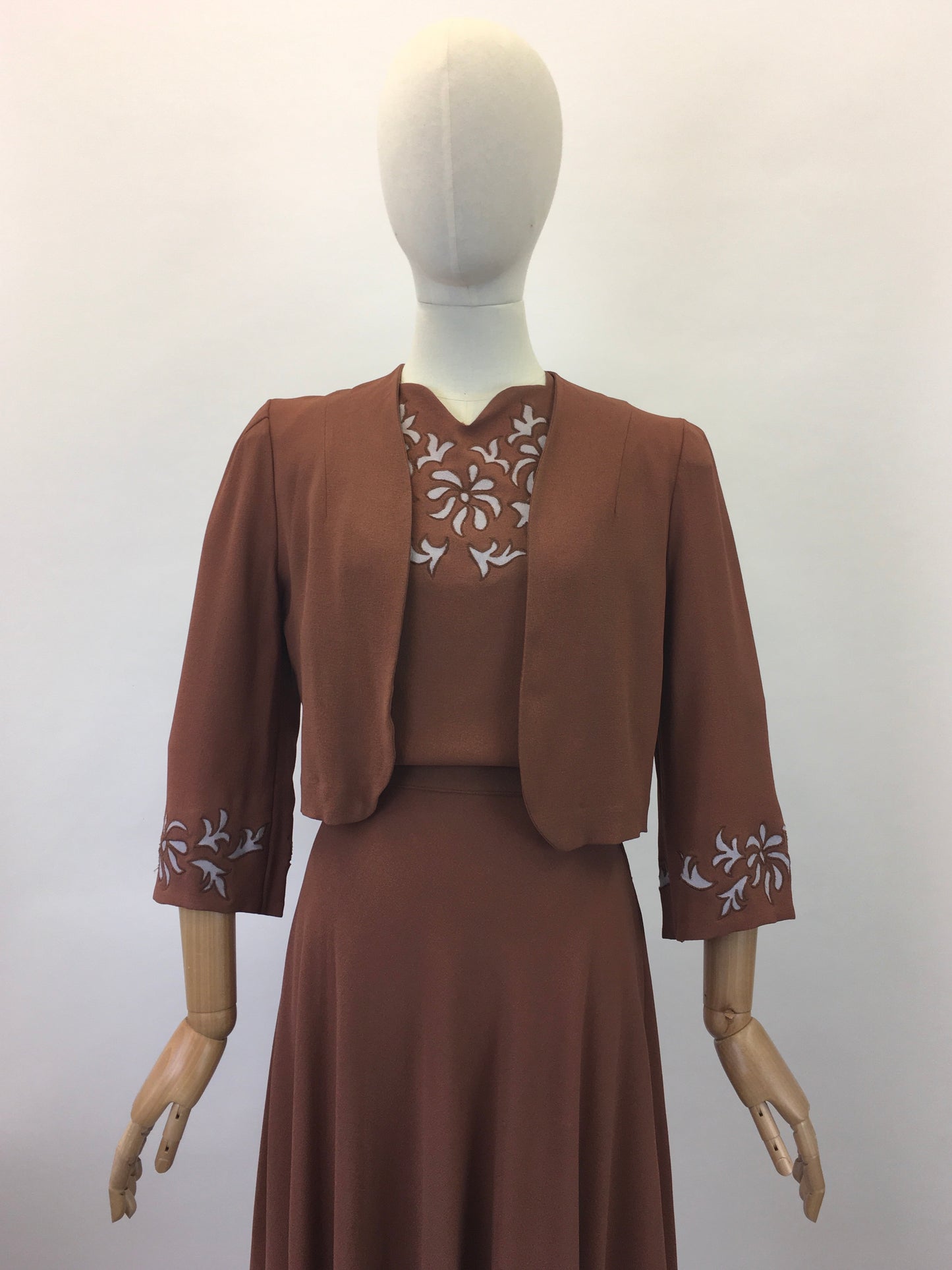 Original 1940's Darling 2Pc Dress & Bolero Set - In A Soft Brown With Grey Accents