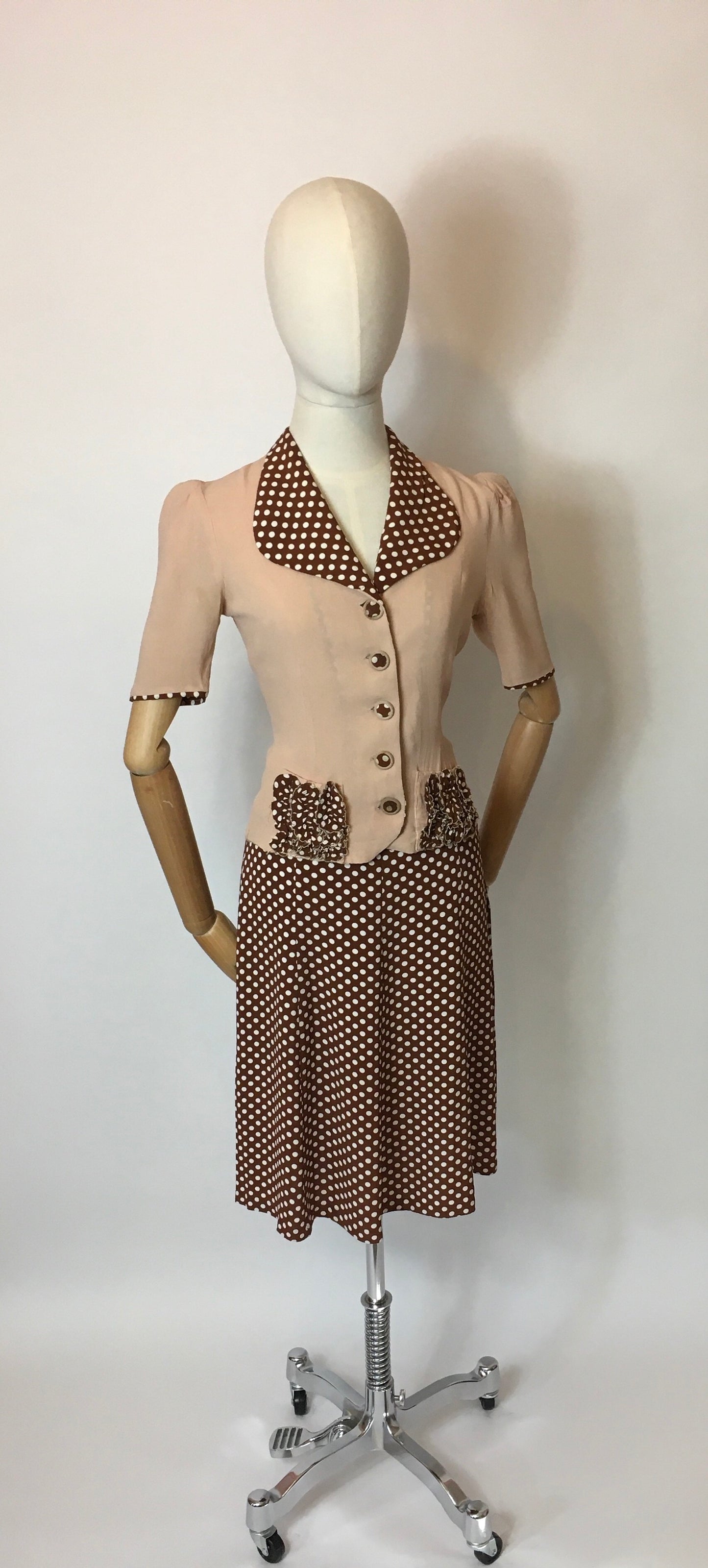 Original 1940’s Darling 2 pc Crepe Suit - In the Most Beautiful Contrast Blush Pink & Brown Polka Dot Crepe