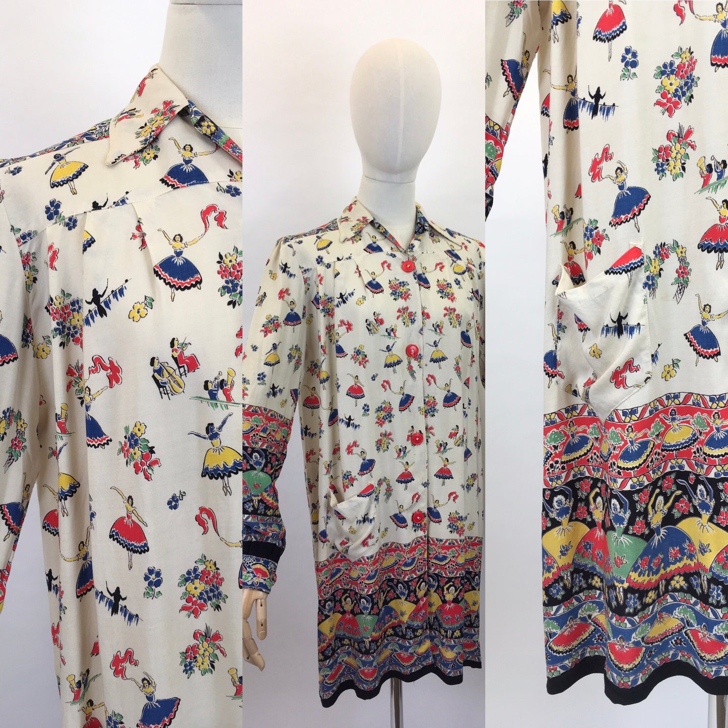 Original 1940s CC41 St. Michael Novelty Print Smock - In Fabulous Dancer Print in Bright Primary Colours