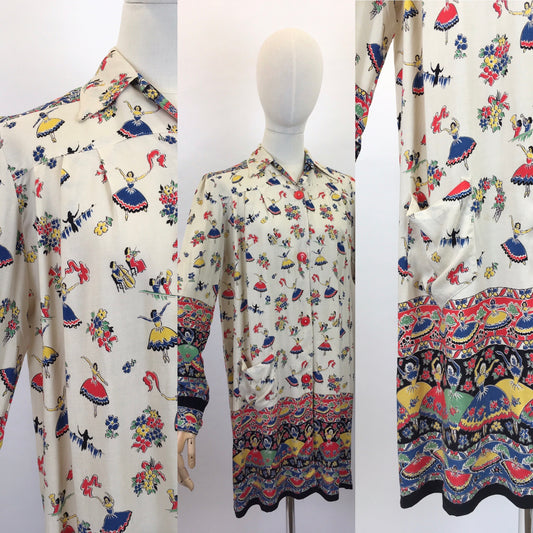 Original 1940s CC41 St. Michael Novelty Print Smock - In Fabulous Dancer Print in Bright Primary Colours