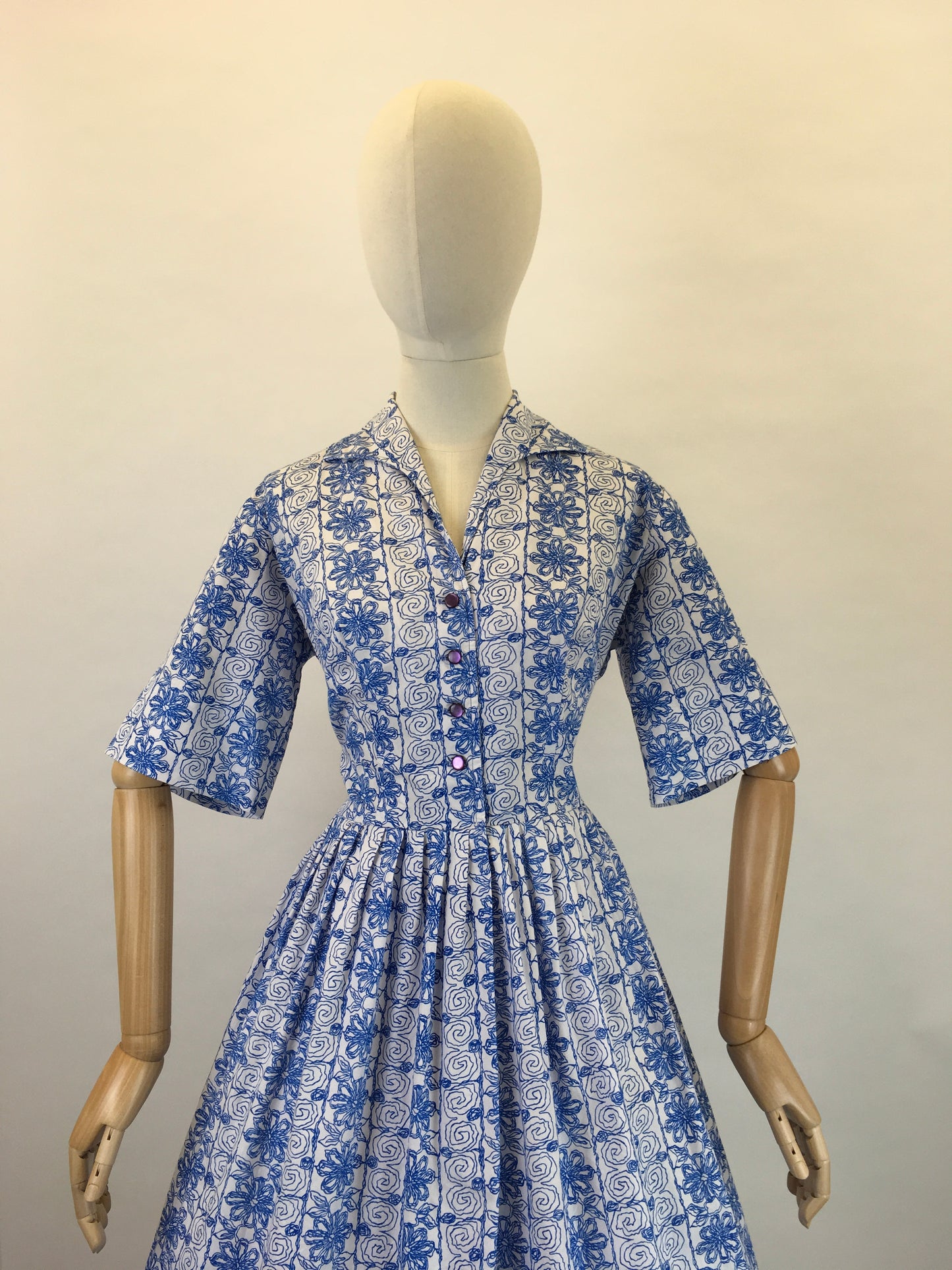 Original 1950s Cotton Day Dress - In a Lovely Cobalt Blue and White Scribble Fabric