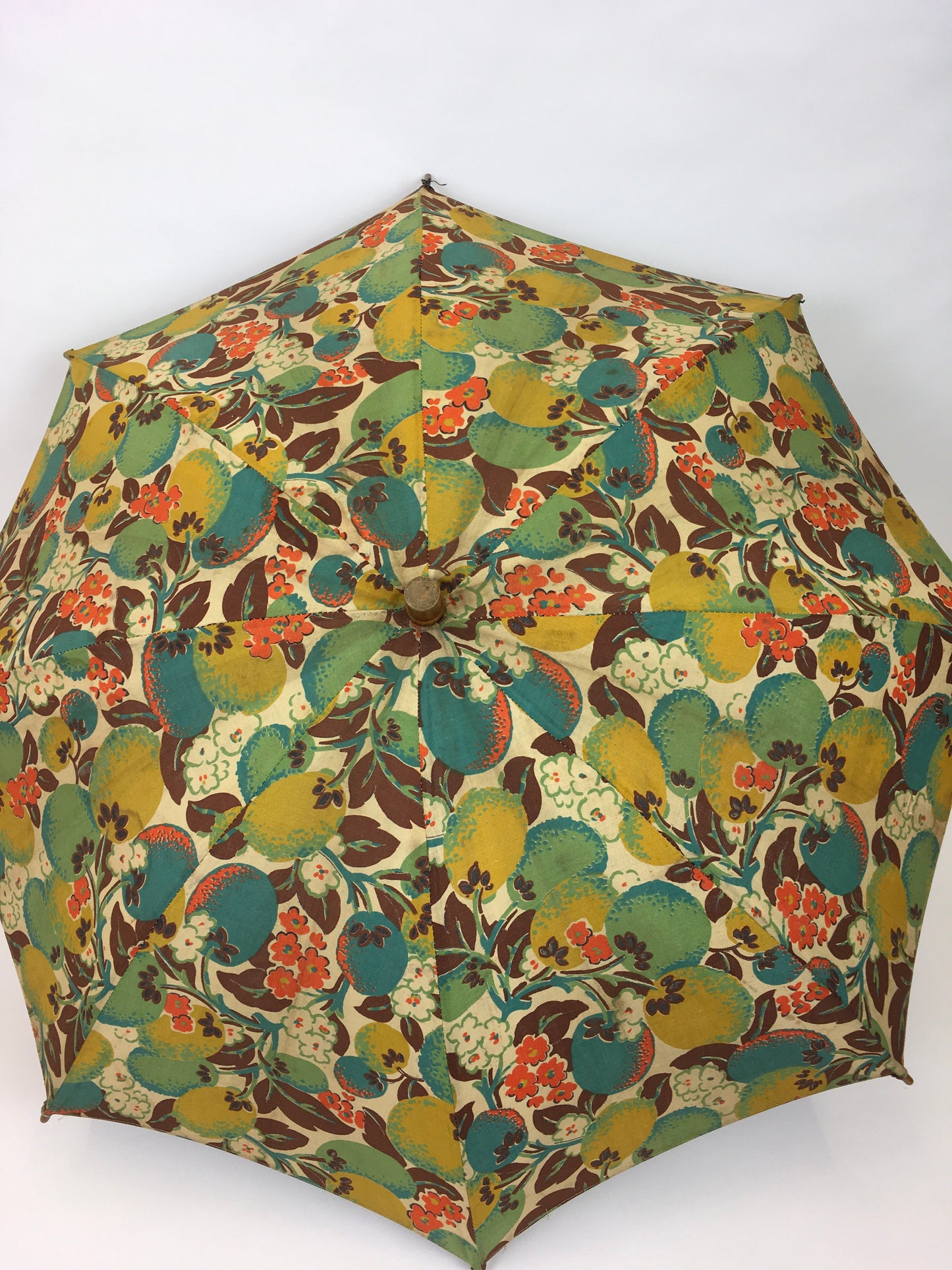 Original 1930s Sun Parasol in a Stunning Floral and Fruit Cotton - In Deco Oranges, Greens, Chartreuse and Teal
