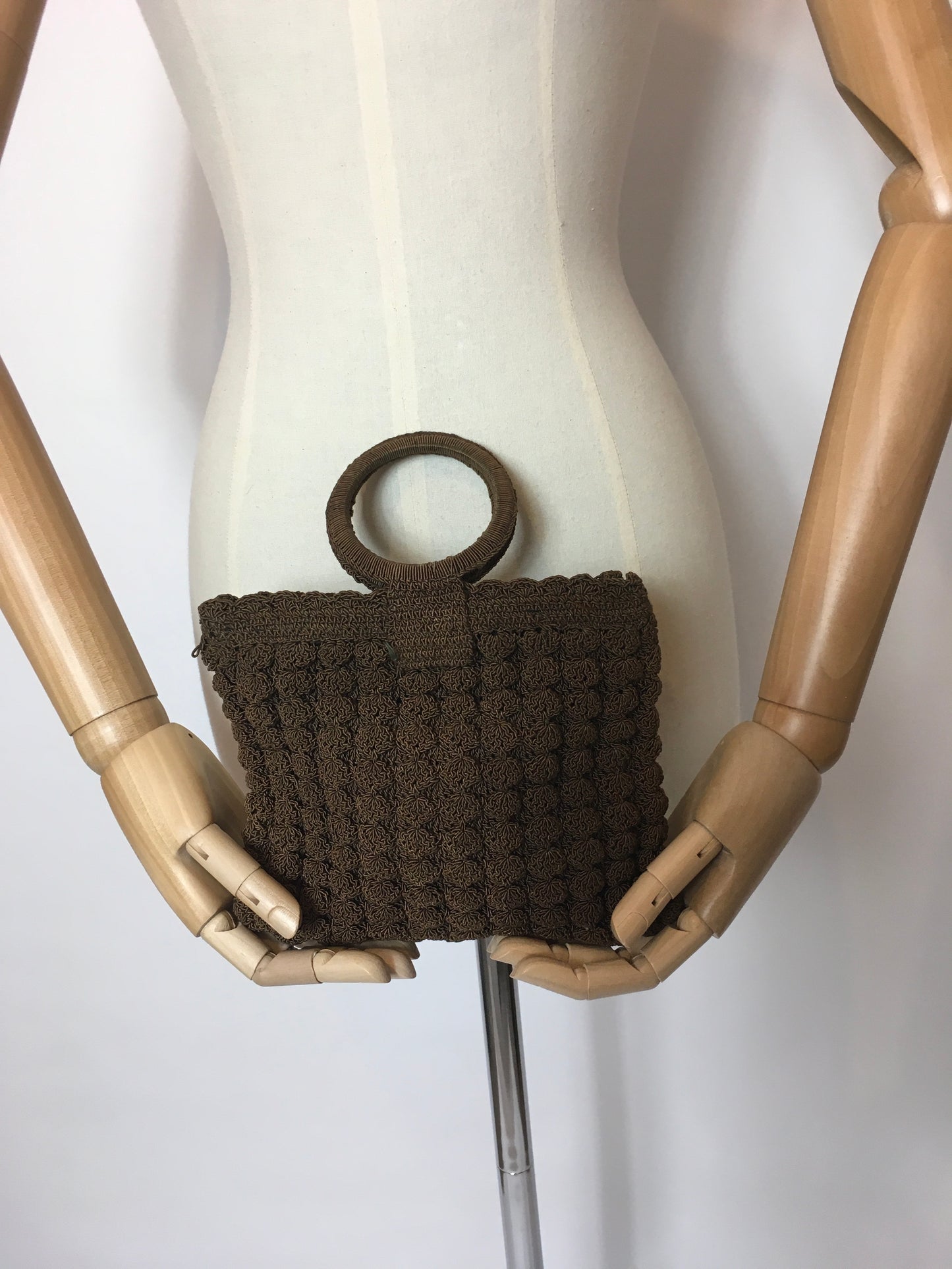 Original 1930’s Brown Popcorn Crochet Handbag - Festival of Vintage Fashion Show Exclusive
