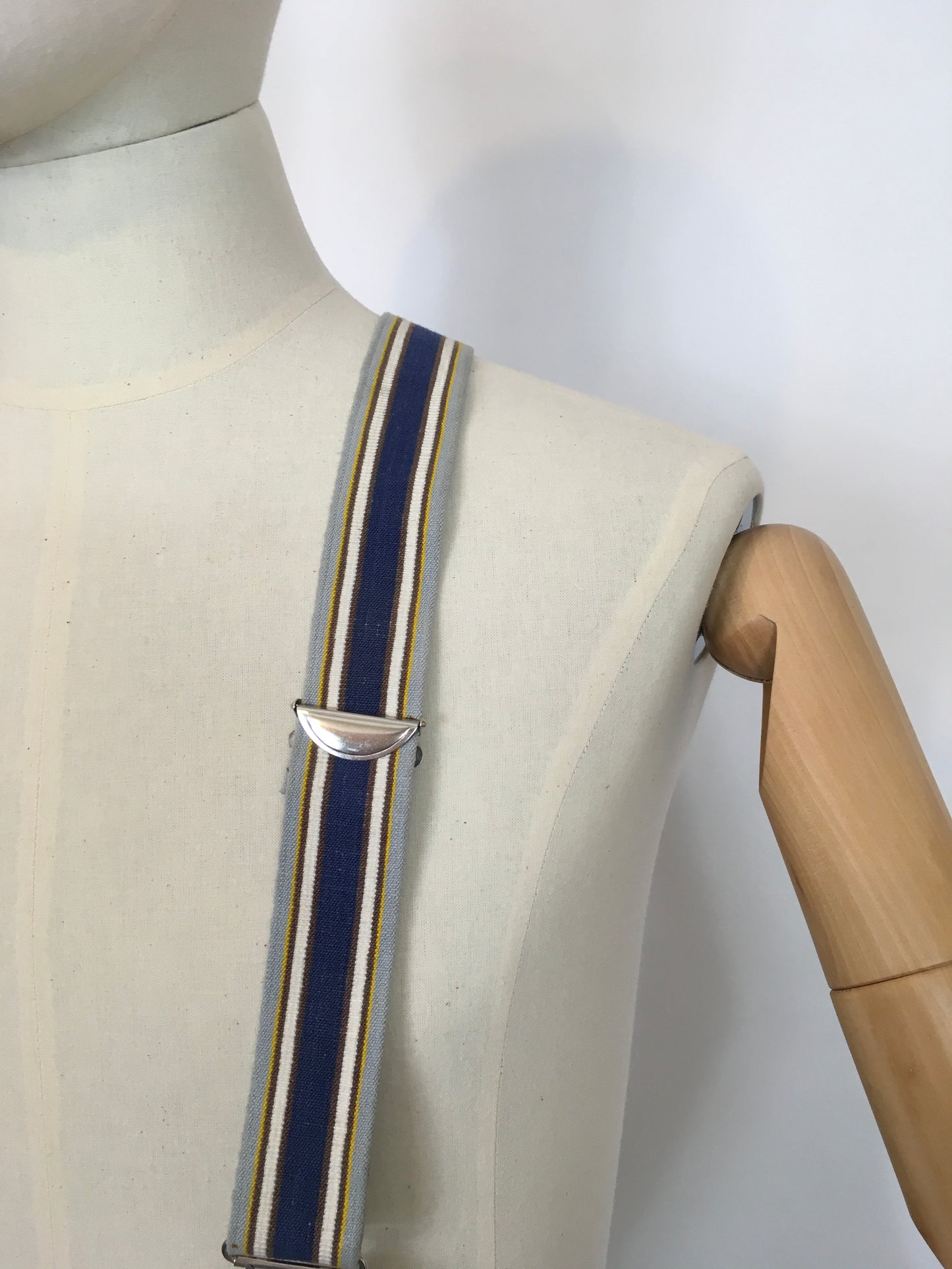 Original 1940s Mens Braces with Brown Leatherwork - In a Blue, Brown and Yellow Stripe