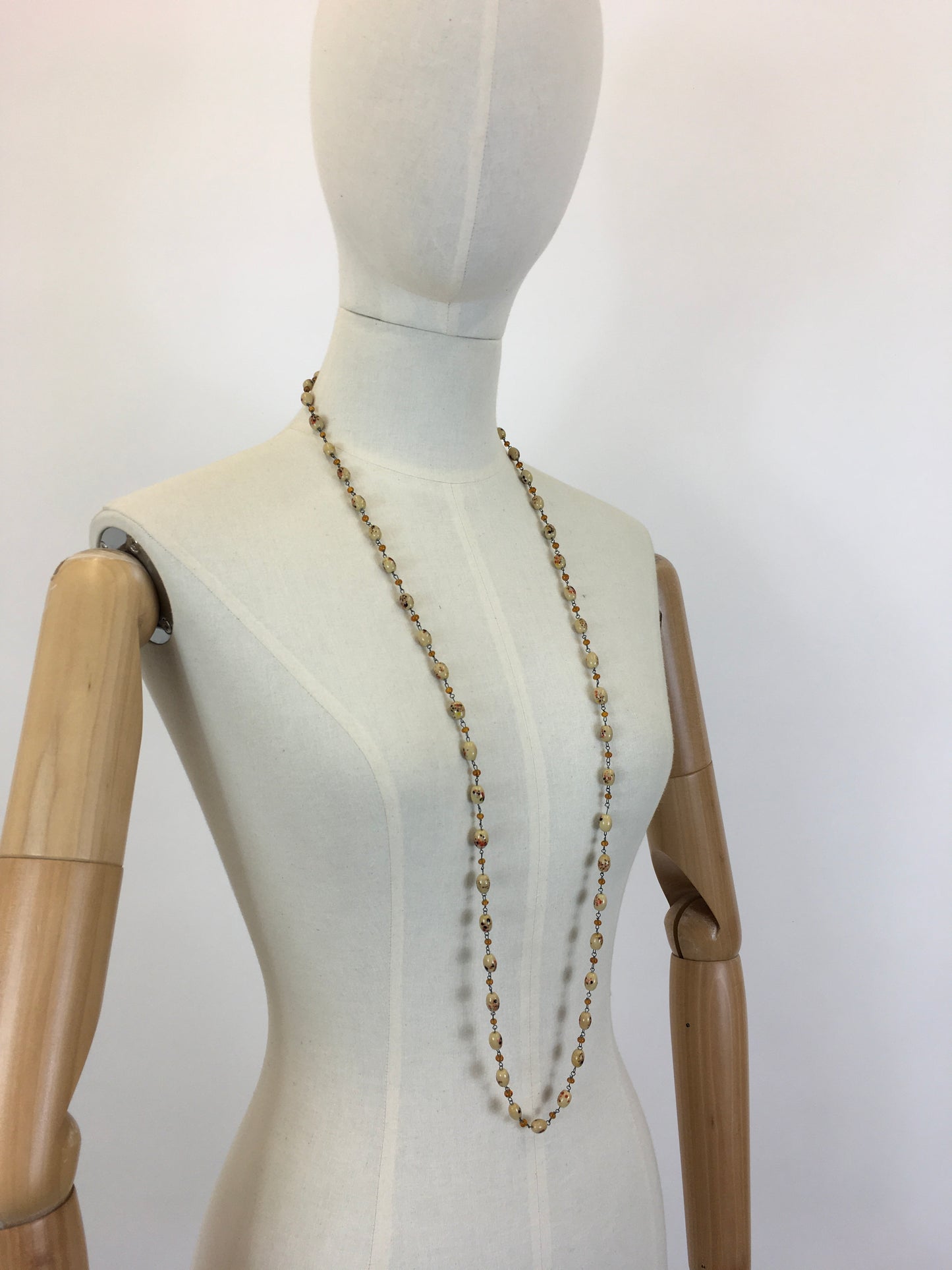 Original 1930’s Beautiful Glass Beaded Necklace - In Shades of Cream, Amber & Black Deco Beads