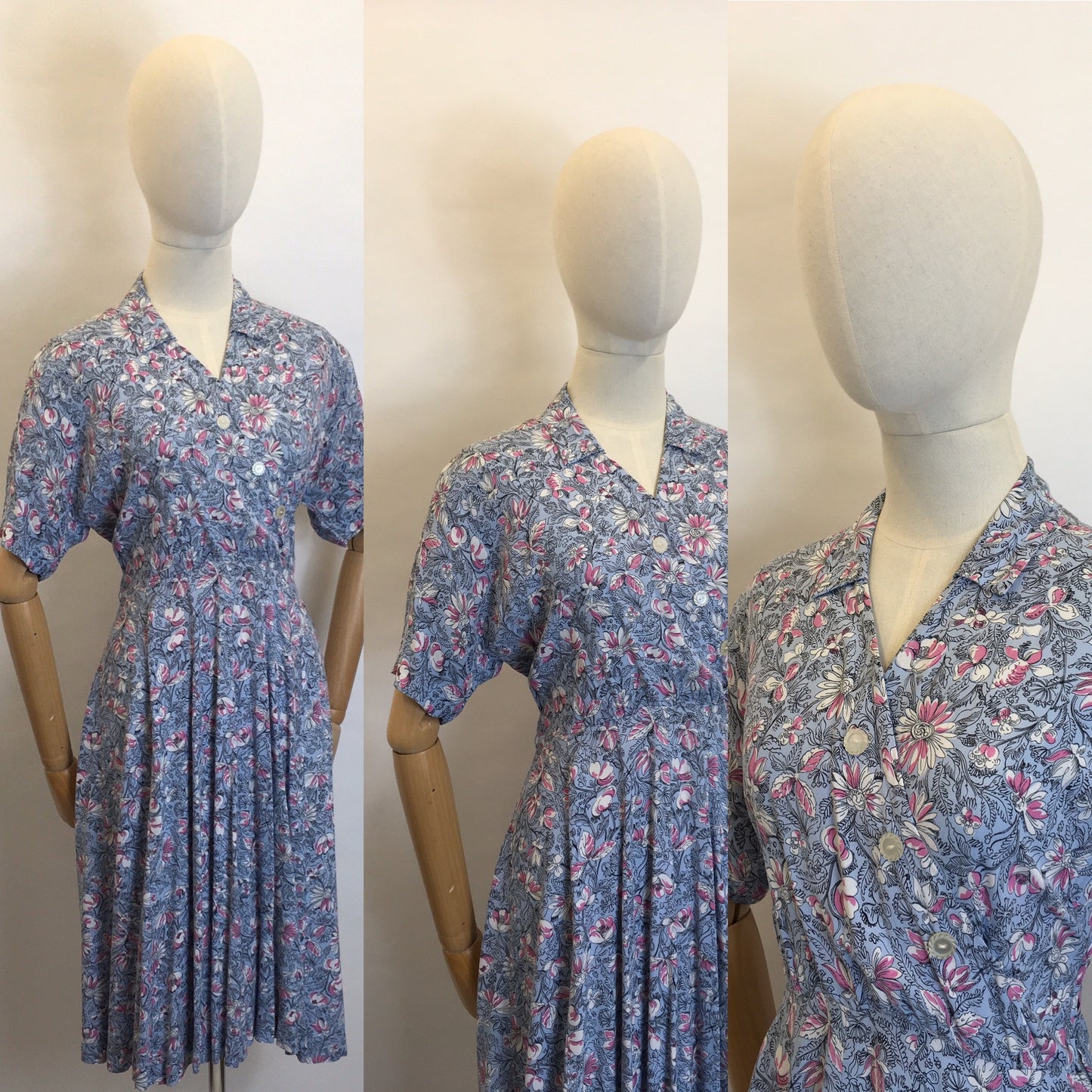 Original 1940's Floral floppy cotton day dress - Featuring aysmetrical bodice detailing