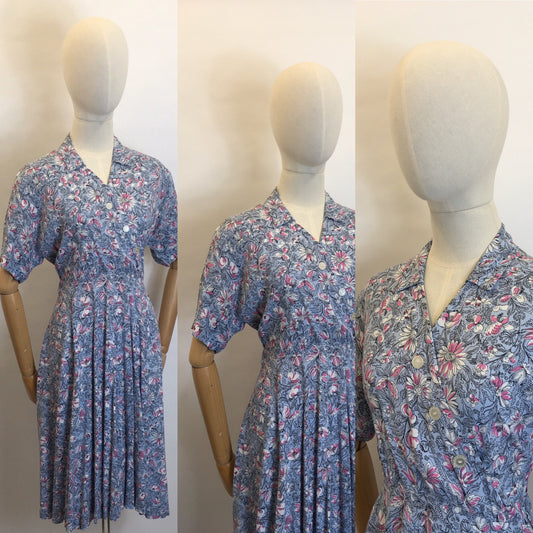 Original 1940's Floral floppy cotton day dress - Featuring aysmetrical bodice detailing