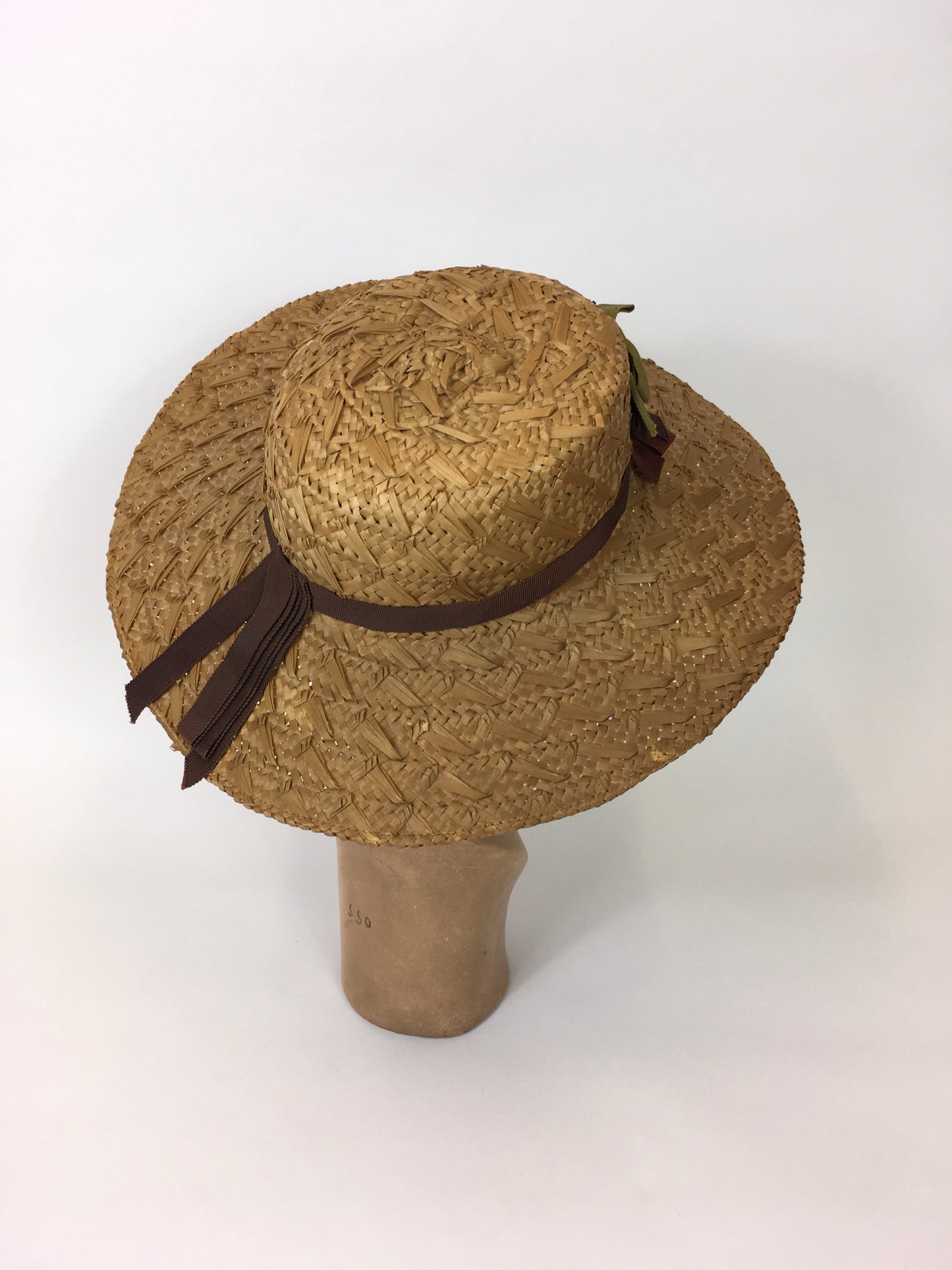 Original 1940’s Straw Hat With Grosgrain Ribbon - In Warm Browns, Grassy Greens and Maroons