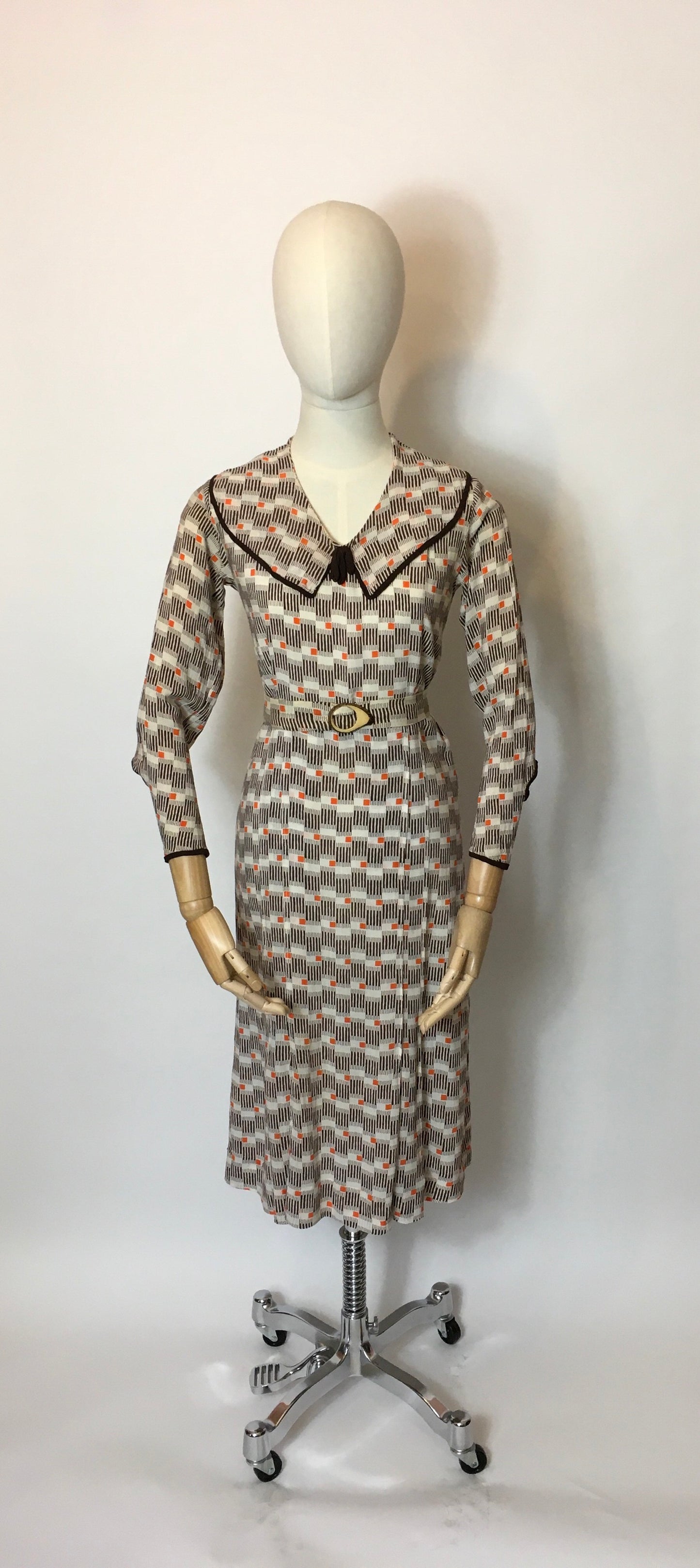 Original 1930’s Day Dress in an Amazing Geometric / Cigarette Print Dress in Browns, old Creams and deco Oranges - Festival Of Vintage Fashion Show Exclusive