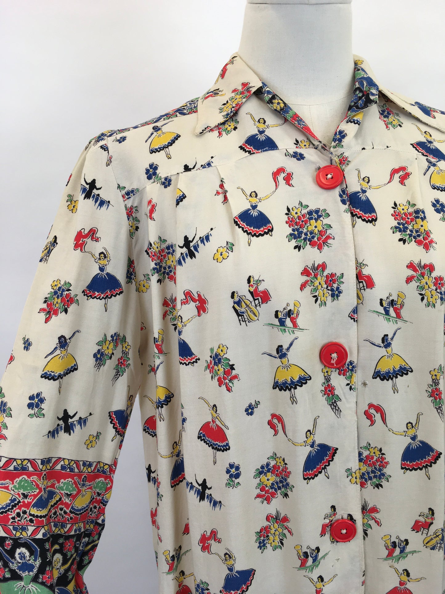 Original 1940s CC41 St. Michael Novelty Print Smock - In Fabulous Dancer Print in Bright Primary Colours