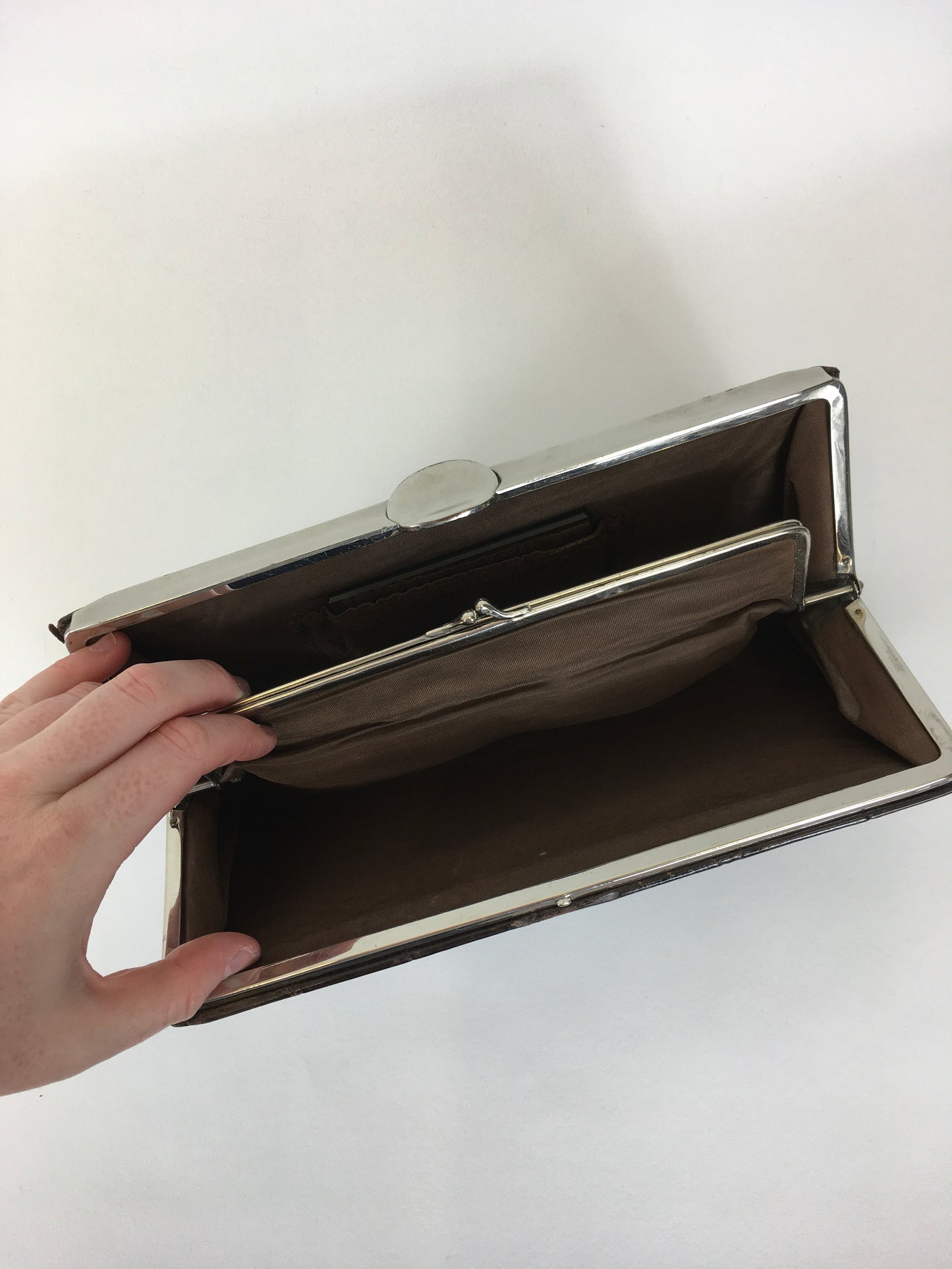 Original 1930’s Deco Crocodile Clutch Handbag - In A Warm Brown with Chrome Detailing