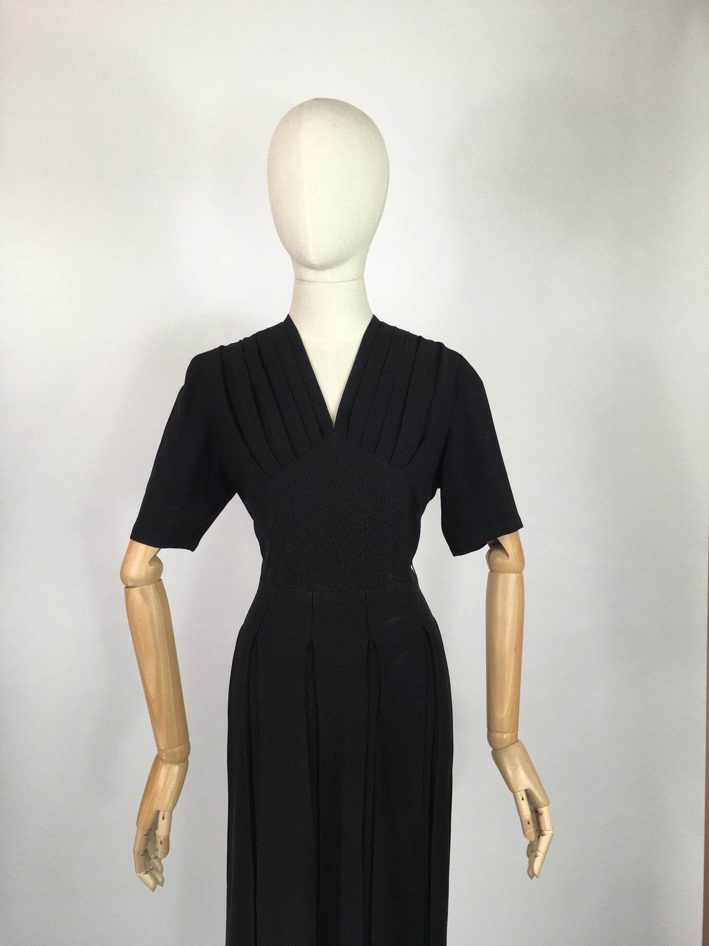 Original 1940’s Black Crepe Dress - With a Lovely Soutache Waist Panel Detailing