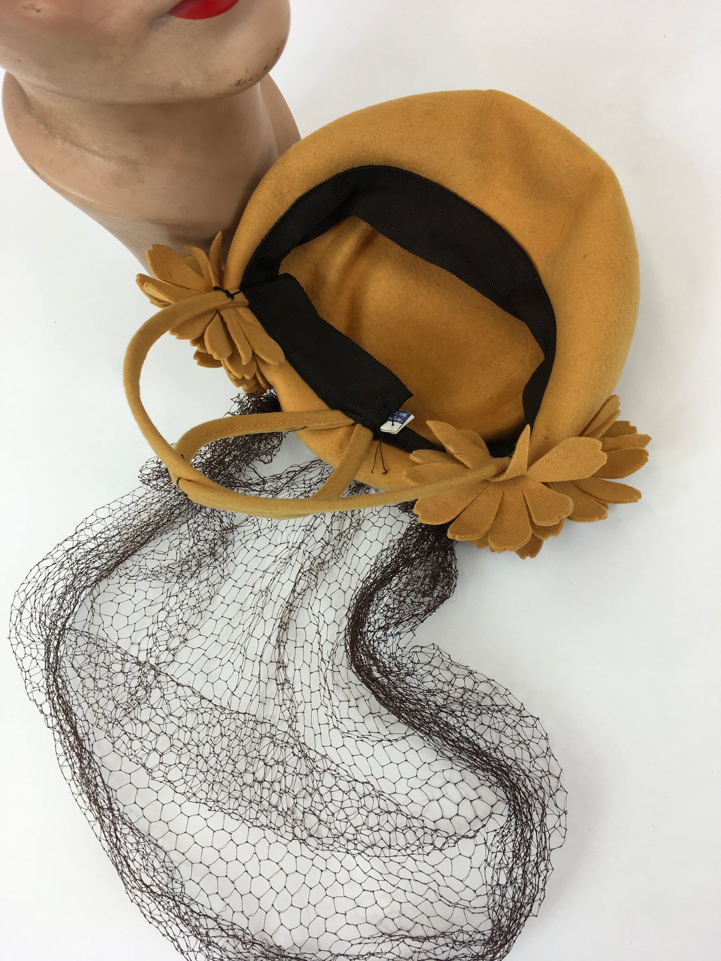 Original 1940’s SENSATIONAL Mustard Topper Hat - With Flora and Brown Veiling