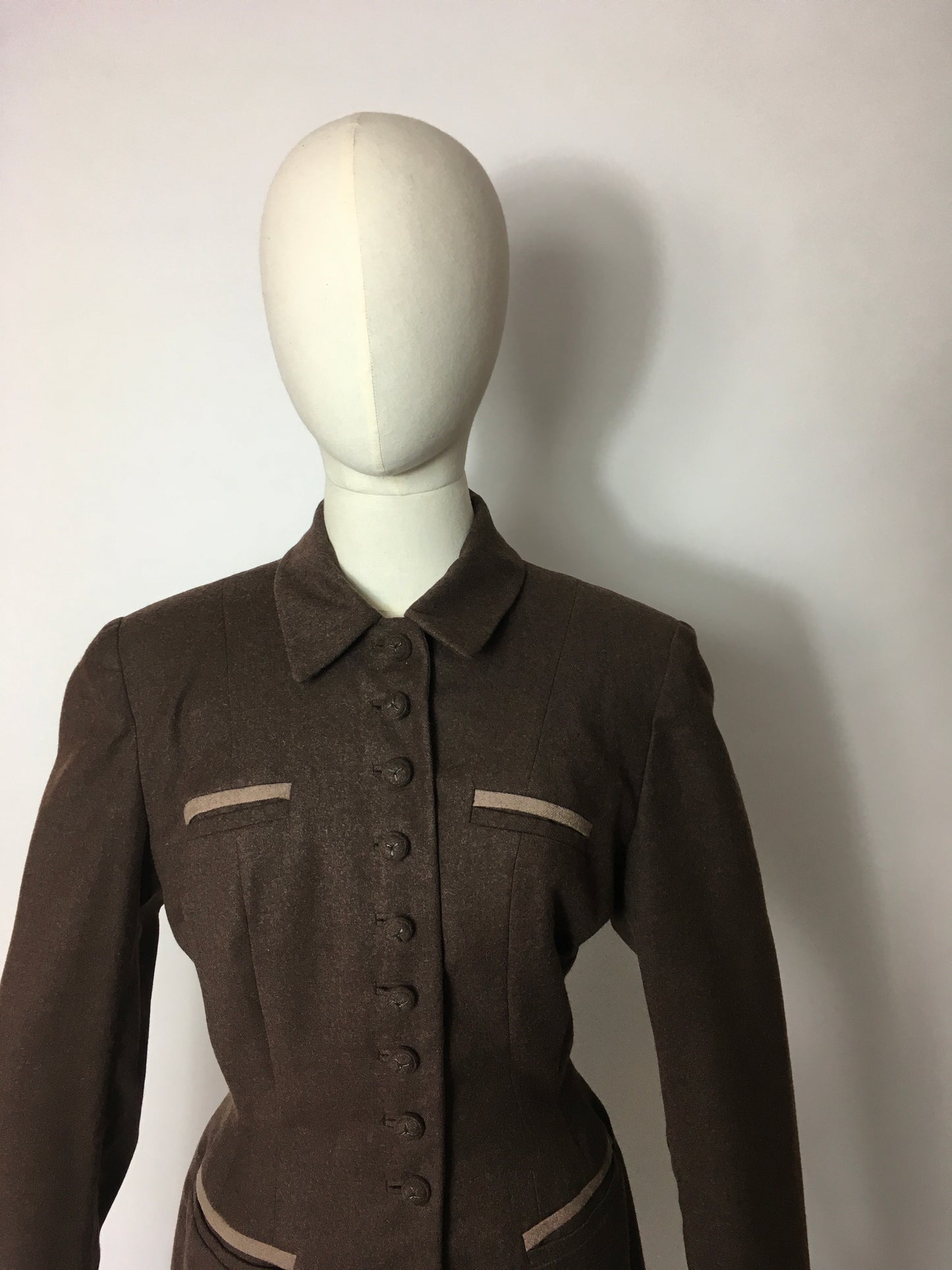 Original 1940’s 2pc Suit in A Lovely Brown Wool, Stunning Detailing and Seamwork