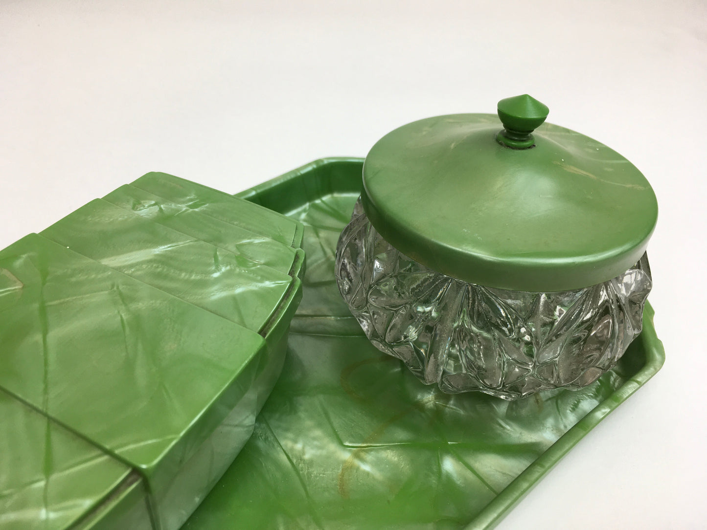 Original 1940’s ‘ Hellex Made In England ‘ Vanity Set - In Art Deco Green